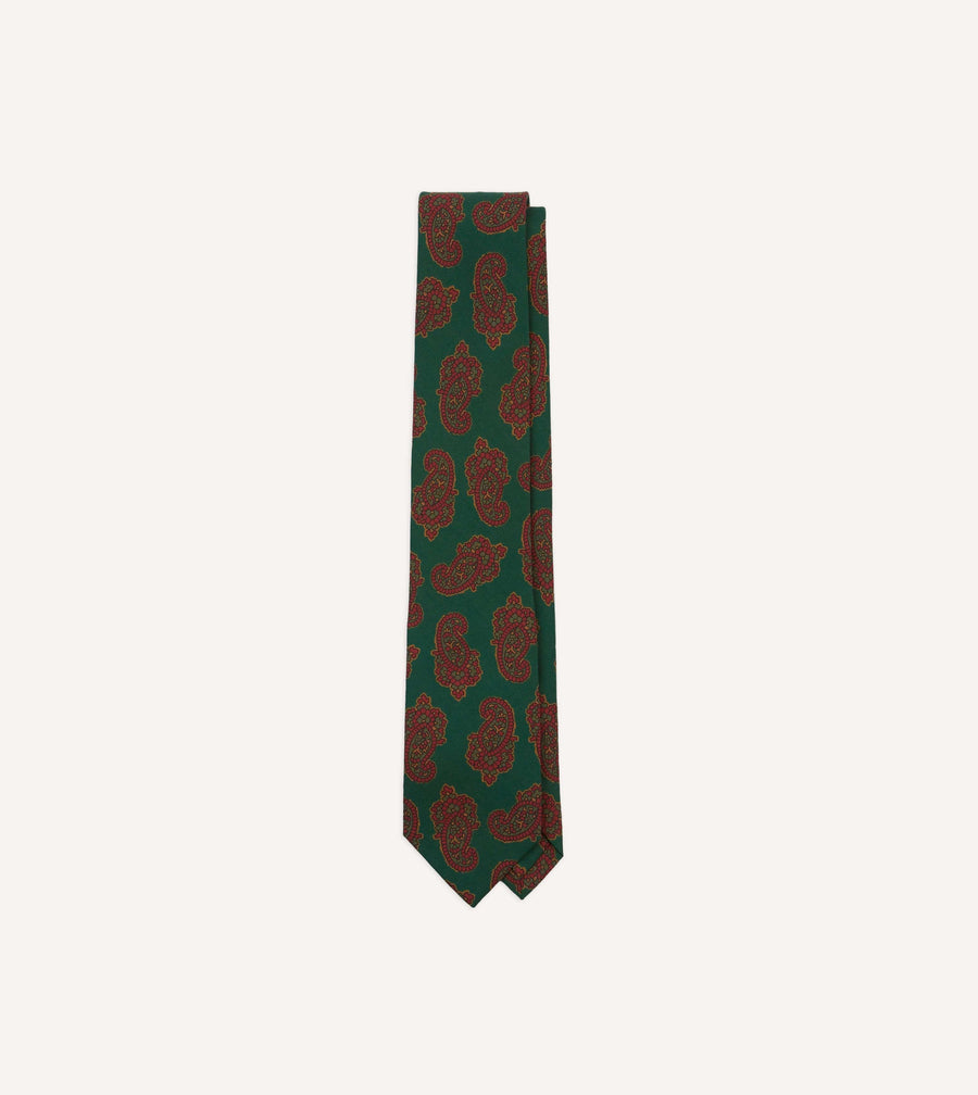 Green Paisley Motif Print Wool-Silk Self Tipped Tie