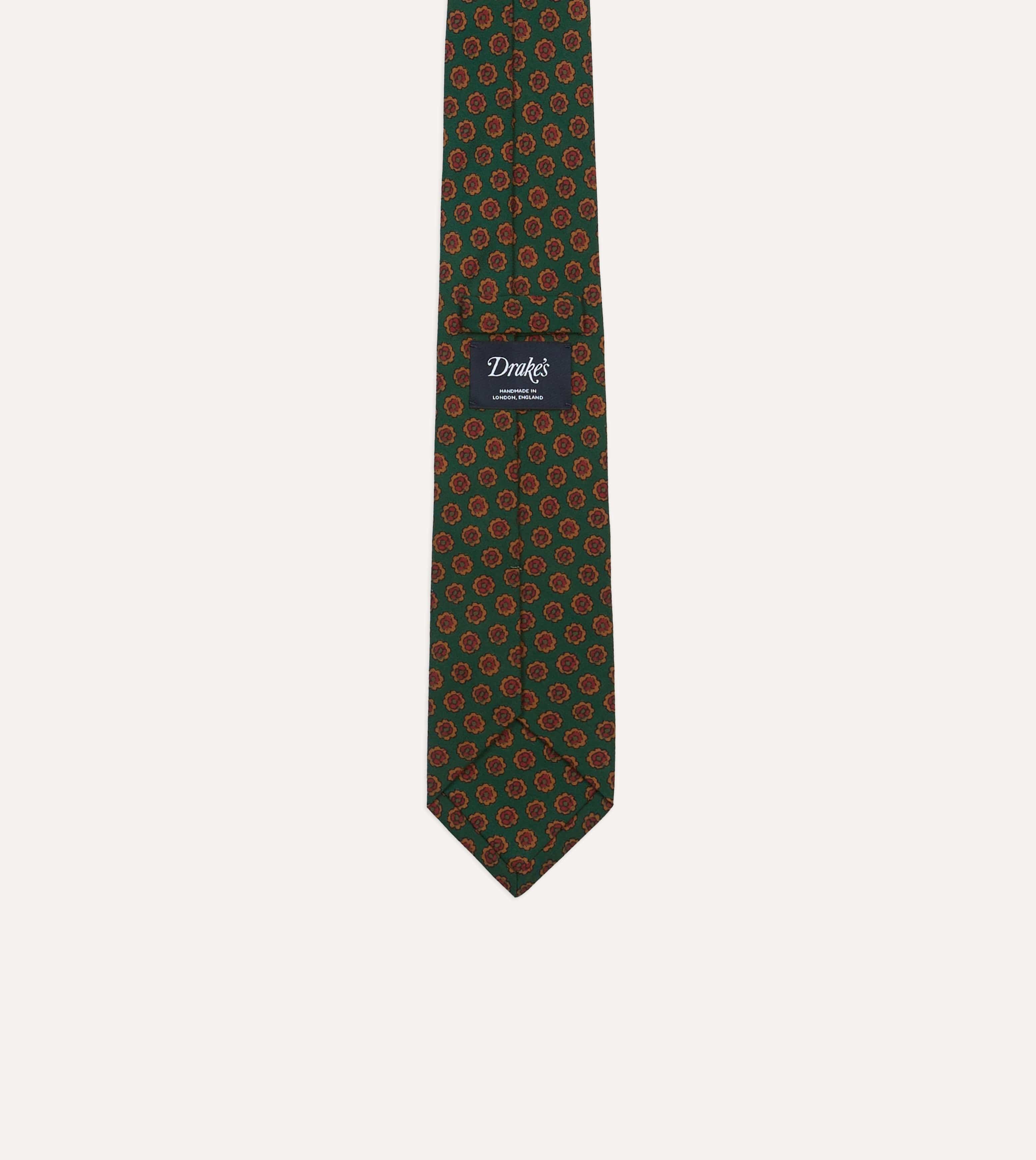 Green Floral Medallion Print Wool-Silk Self Tipped Tie