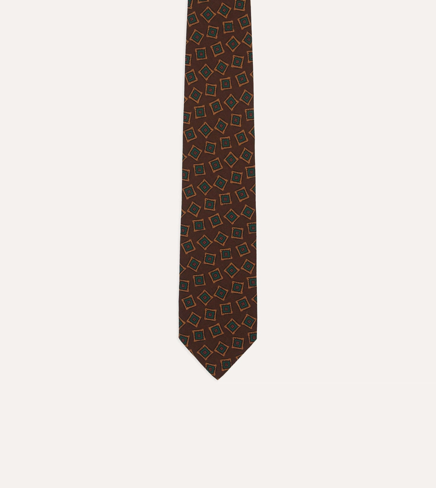 Brown and Green Jumbled Medallion Print Silk Self-Tipped Tie