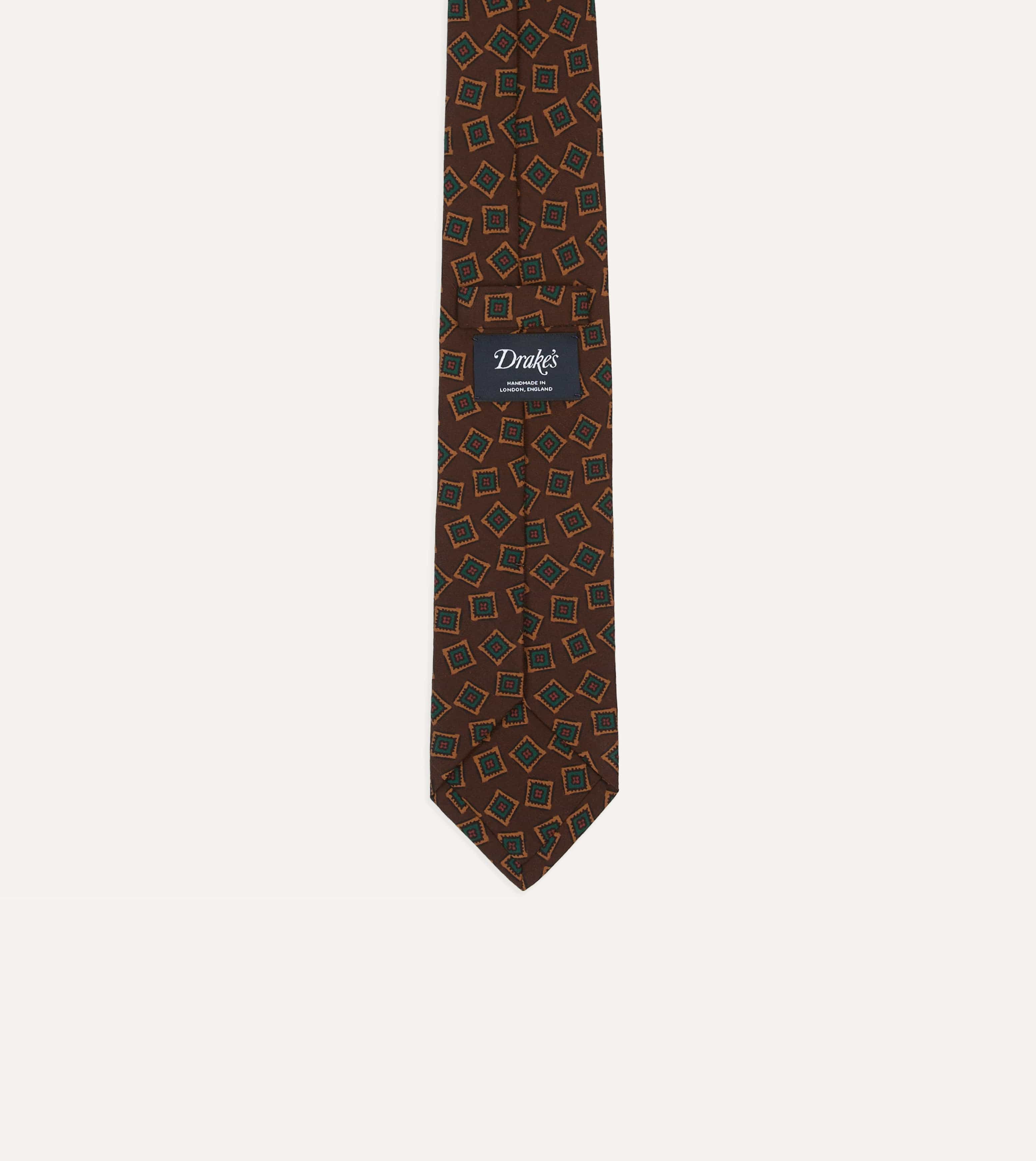 Brown and Green Jumbled Medallion Print Silk Self-Tipped Tie