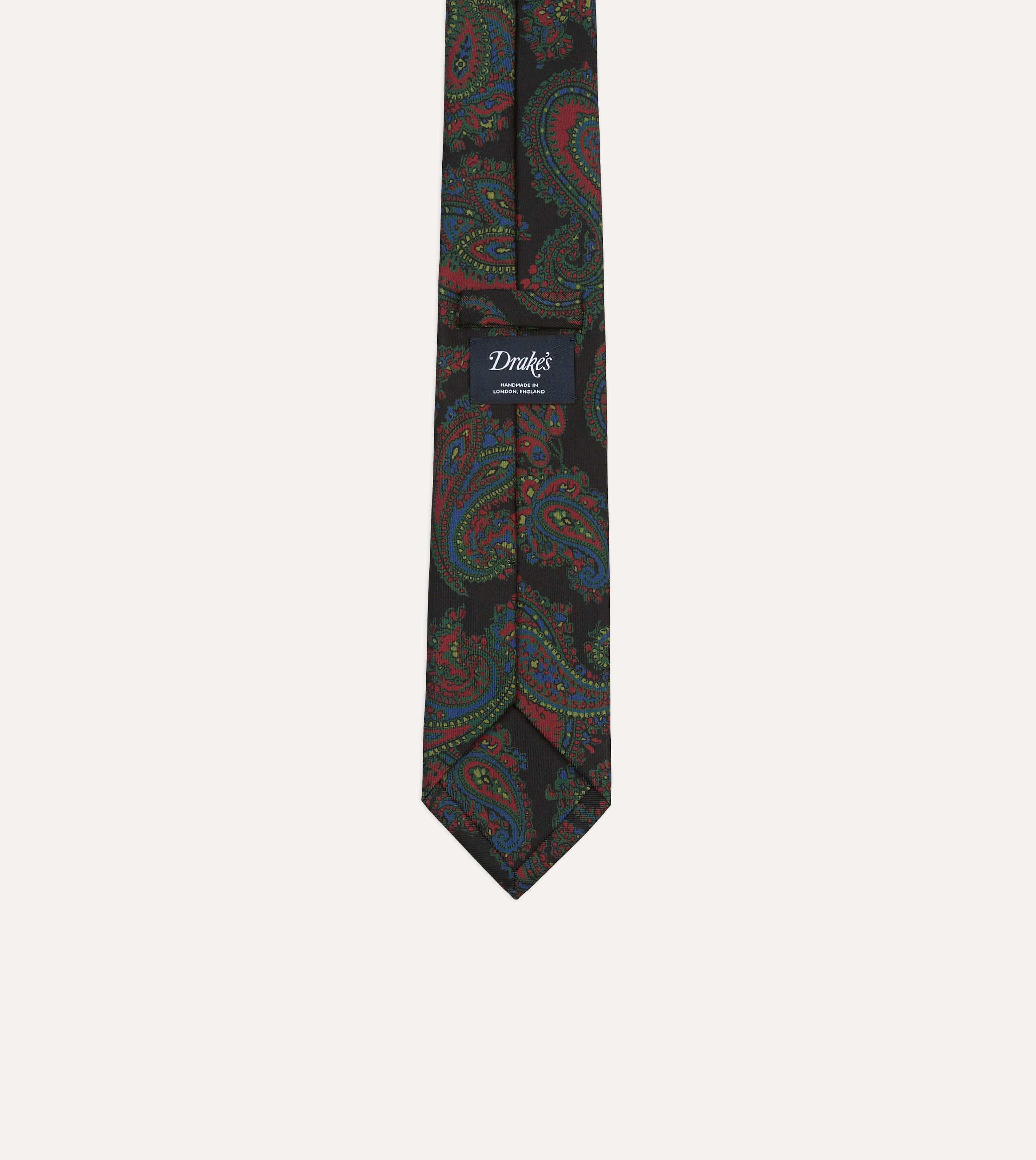 Black Big Paisley Print Madder Silk Self-Tipped Tie