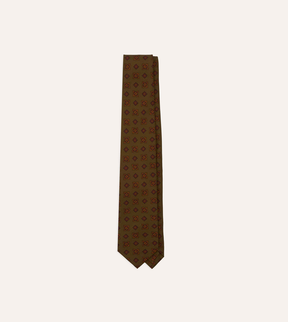 Olive Flower Medallion Print Silk Self-Tipped Tie