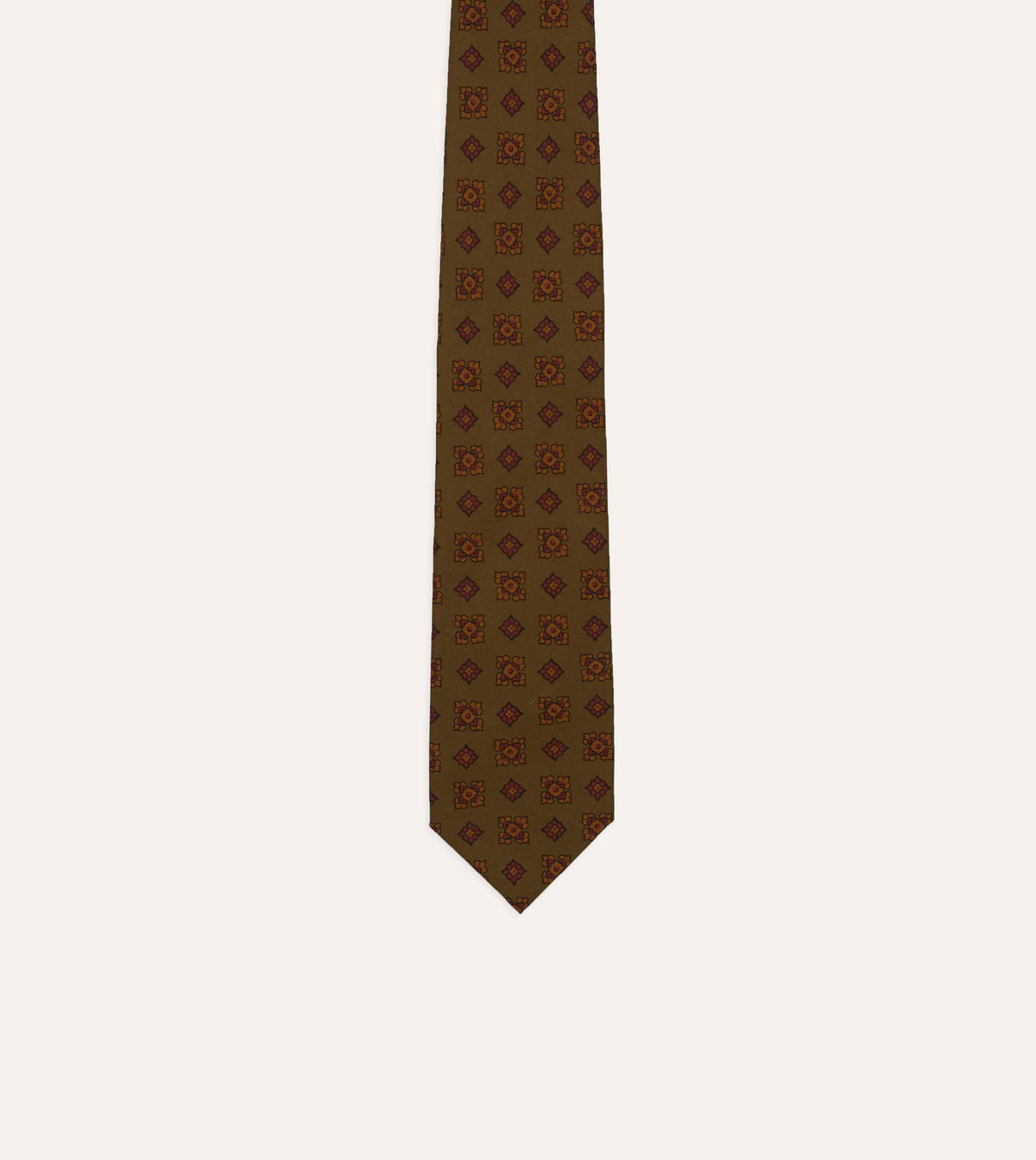 Olive Flower Medallion Print Silk Self-Tipped Tie