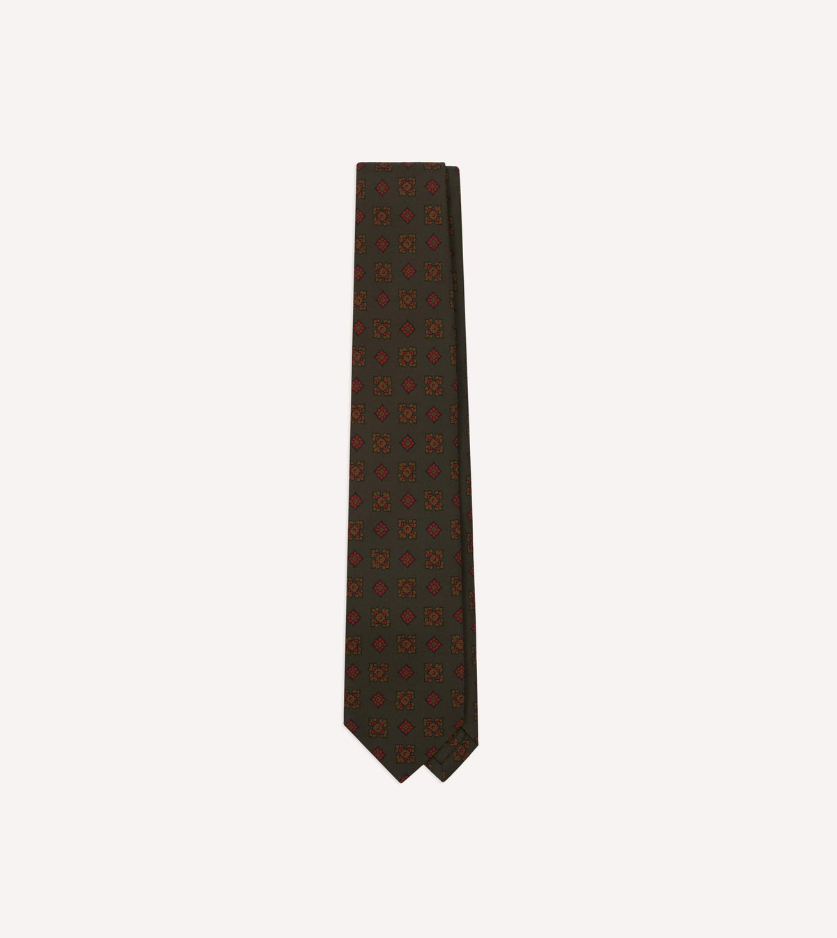 Dark Green Flower Medallion Print Silk Self-Tipped Tie