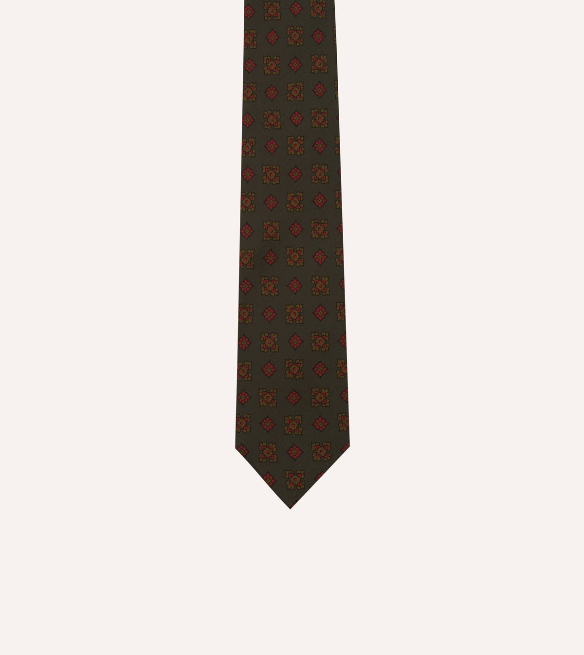 Dark Green Flower Medallion Print Silk Self-Tipped Tie