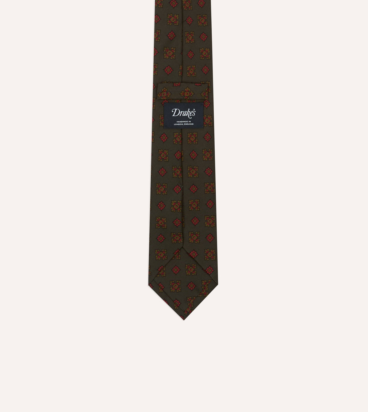 Dark Green Flower Medallion Print Silk Self-Tipped Tie