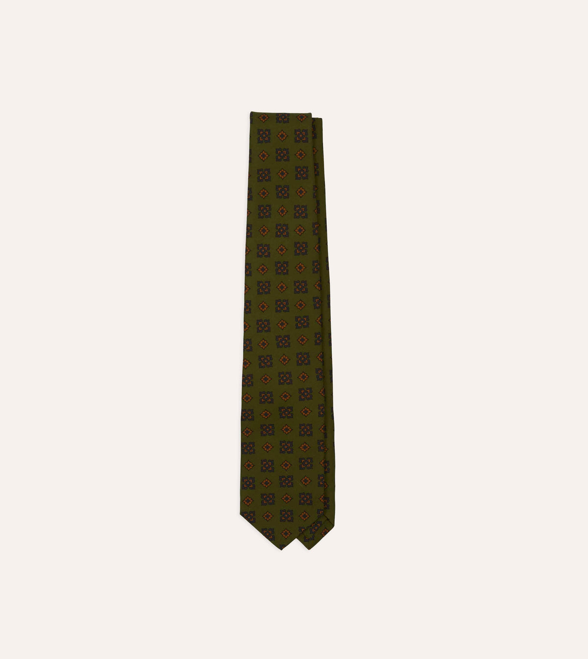 Green Flower Medallion Print Silk Self-Tipped Tie