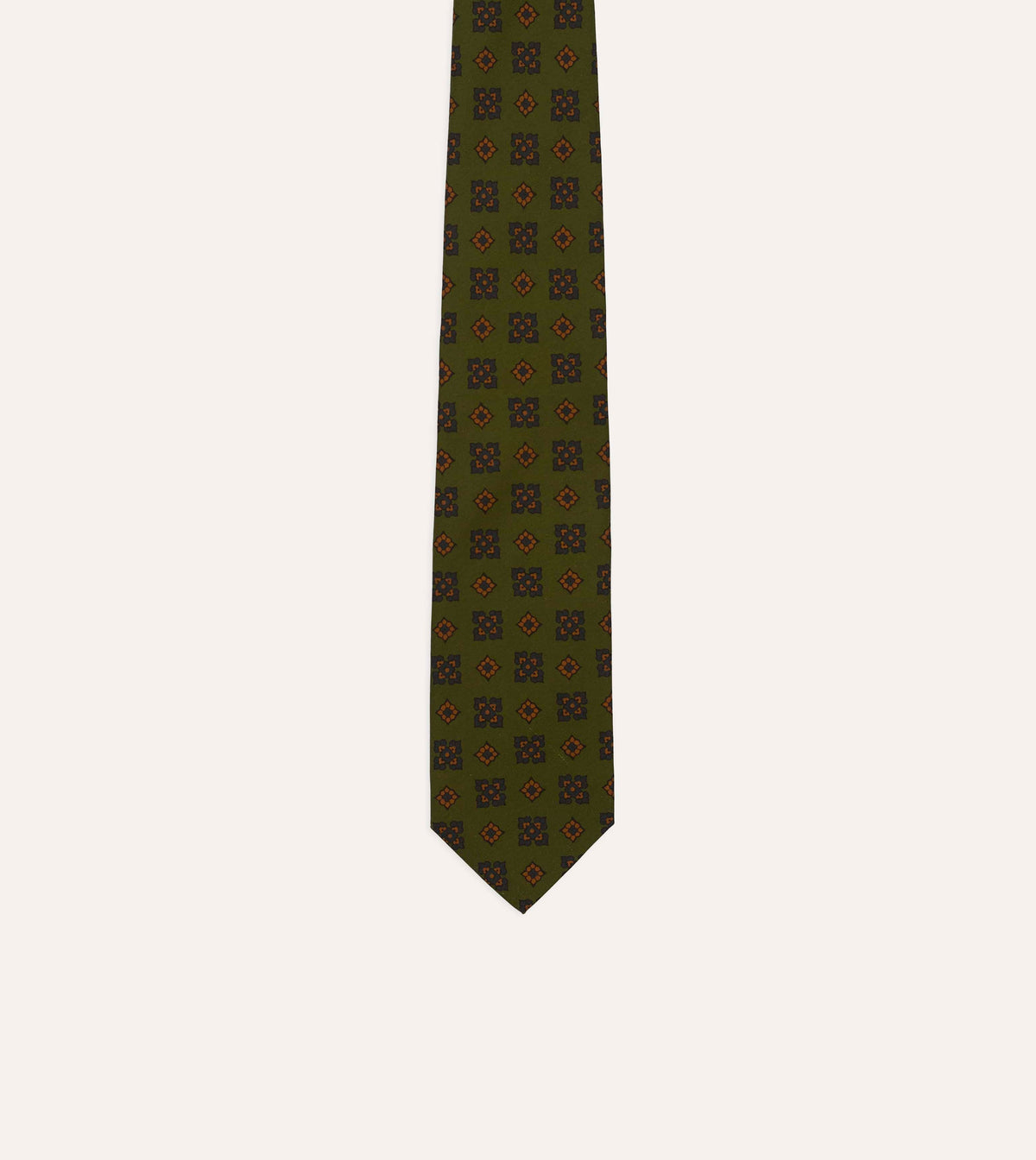 Green Flower Medallion Print Silk Self-Tipped Tie