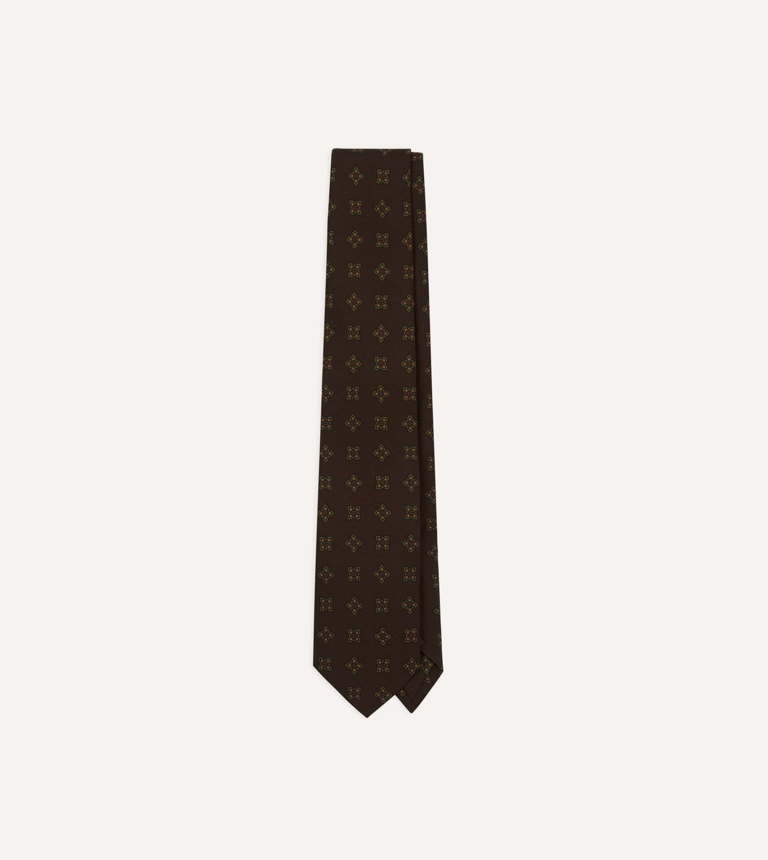 Brown Flower Medallion Print Wool-Silk Self Tipped Tie