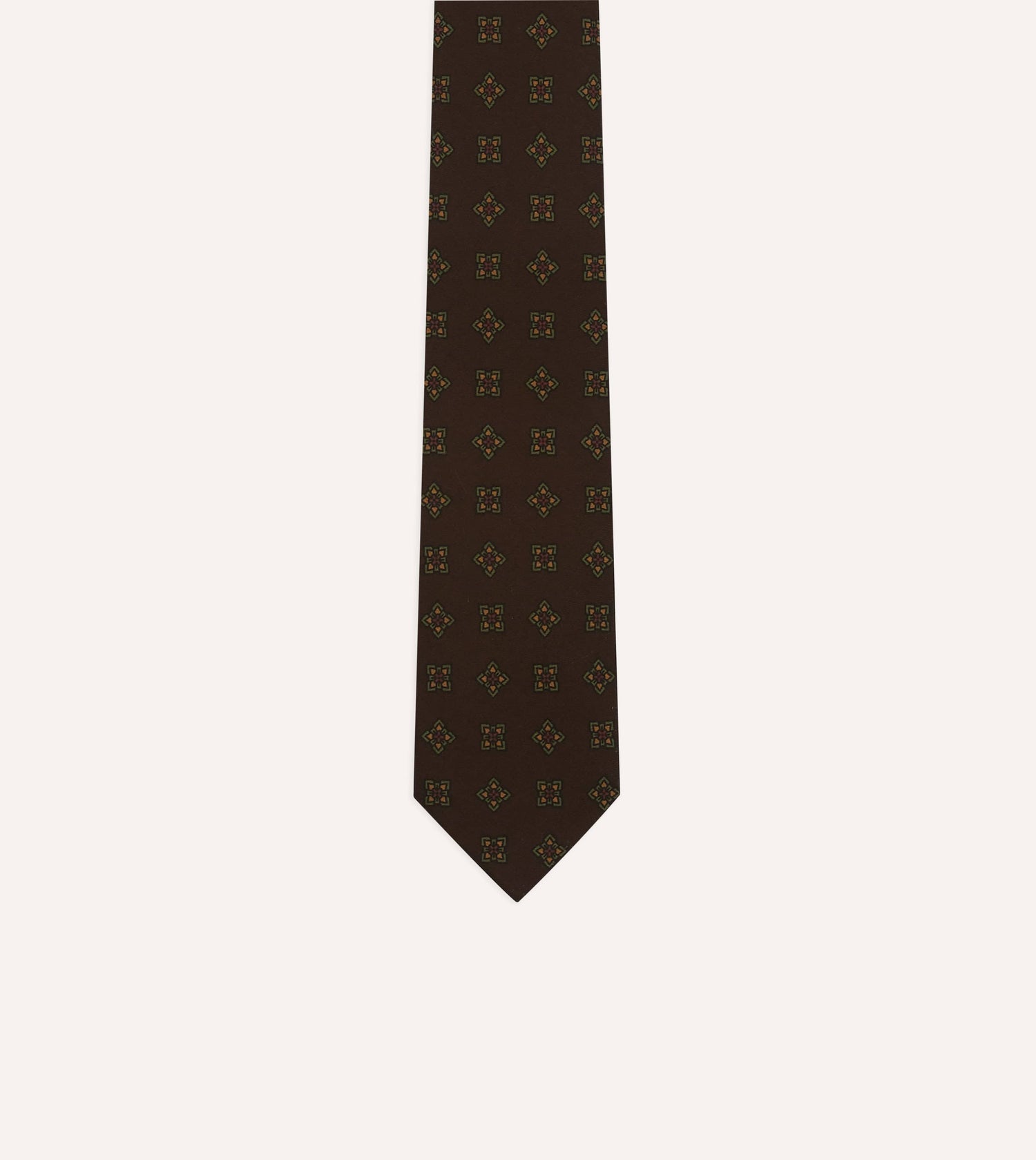 Brown Flower Medallion Print Wool-Silk Self Tipped Tie