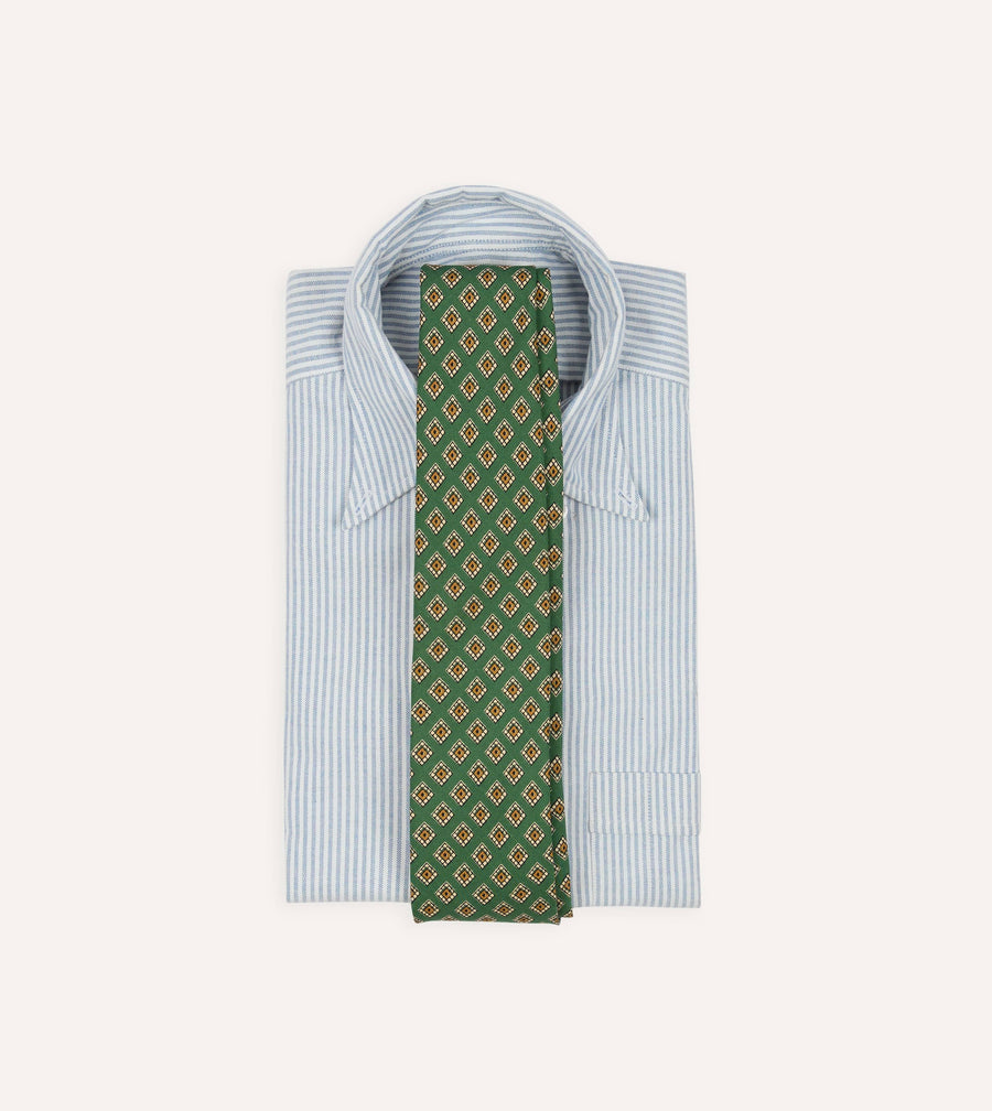Green Tile Medallion Print Silk Self Tipped Tie