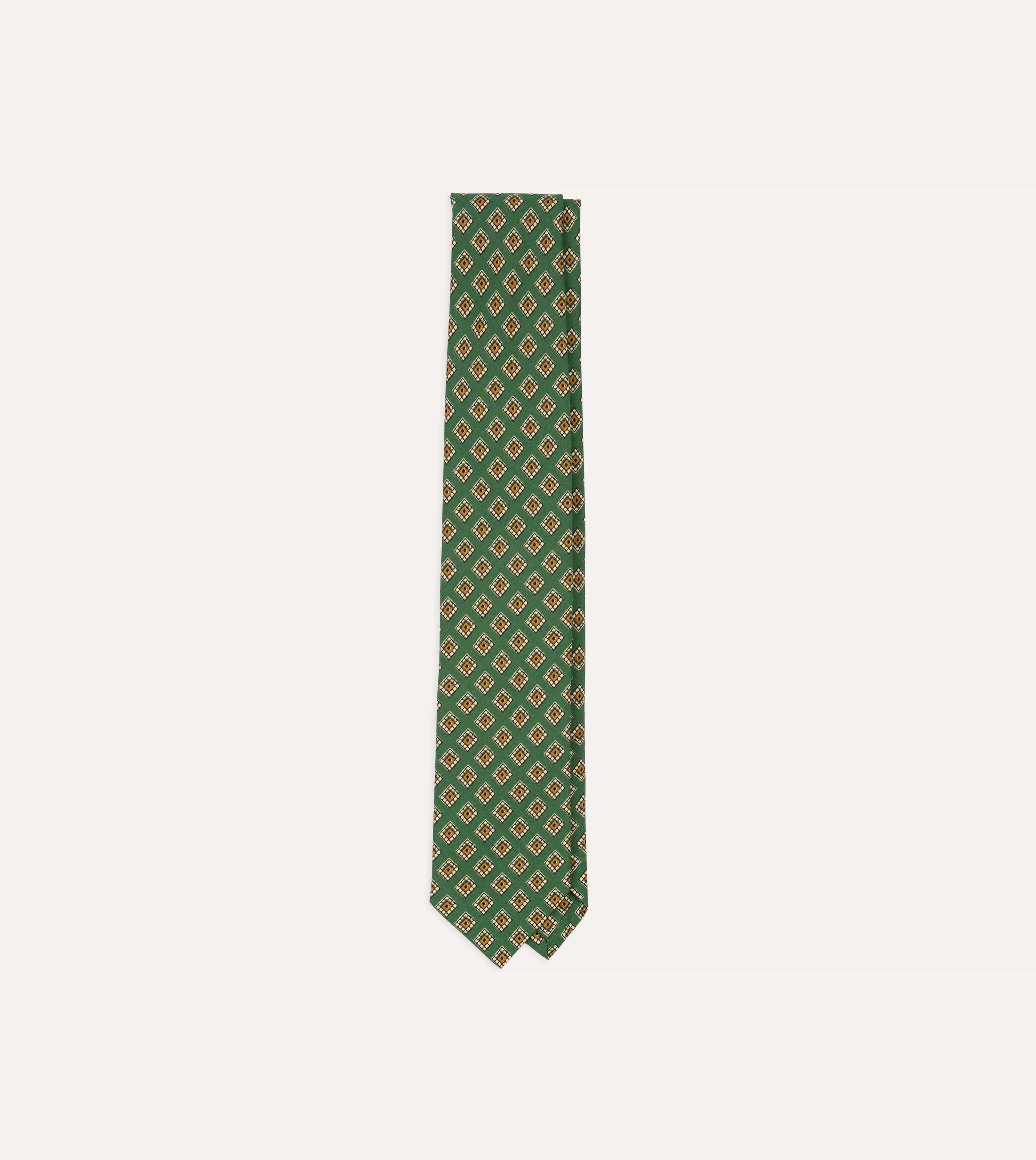 Green Tile Medallion Print Silk Self Tipped Tie
