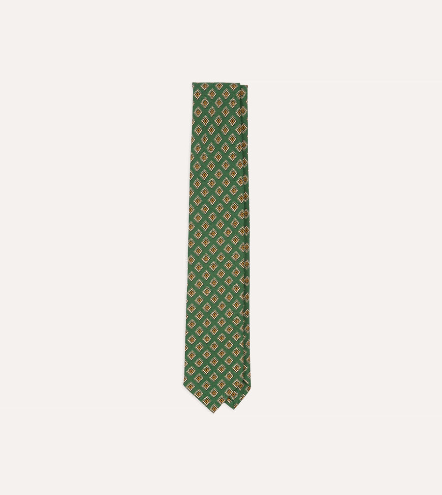 Green Tile Medallion Print Silk Self Tipped Tie