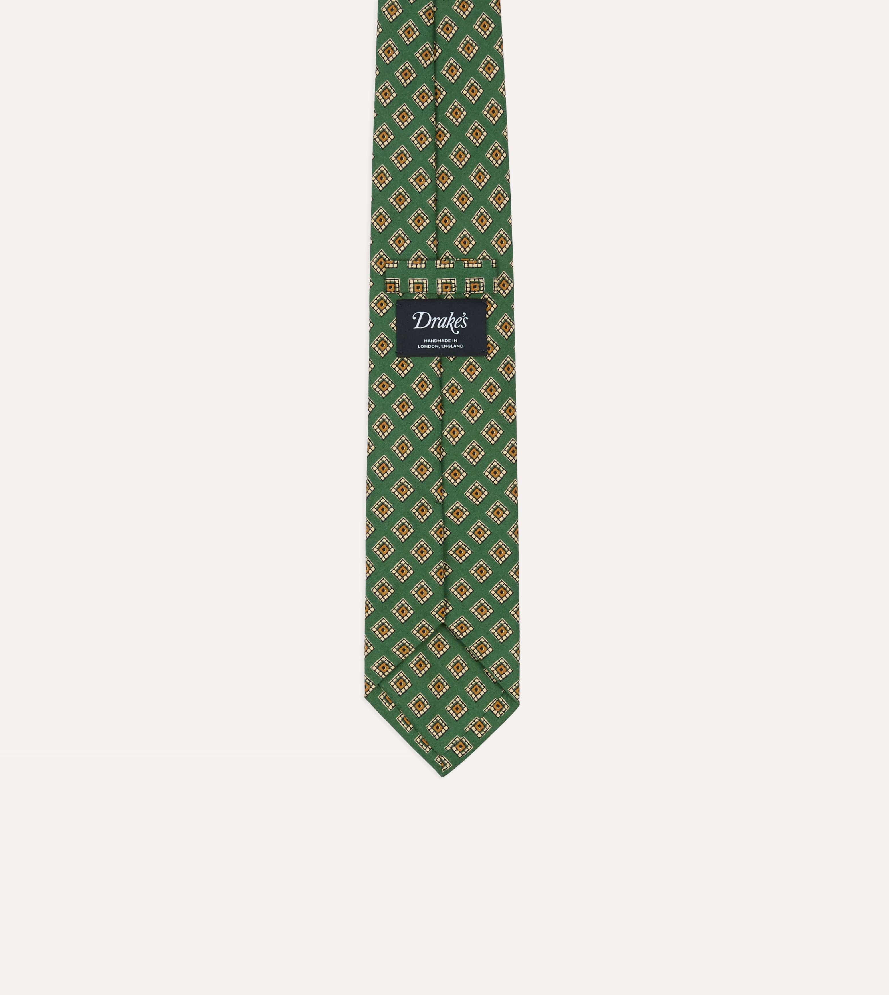 Green Tile Medallion Print Silk Self Tipped Tie