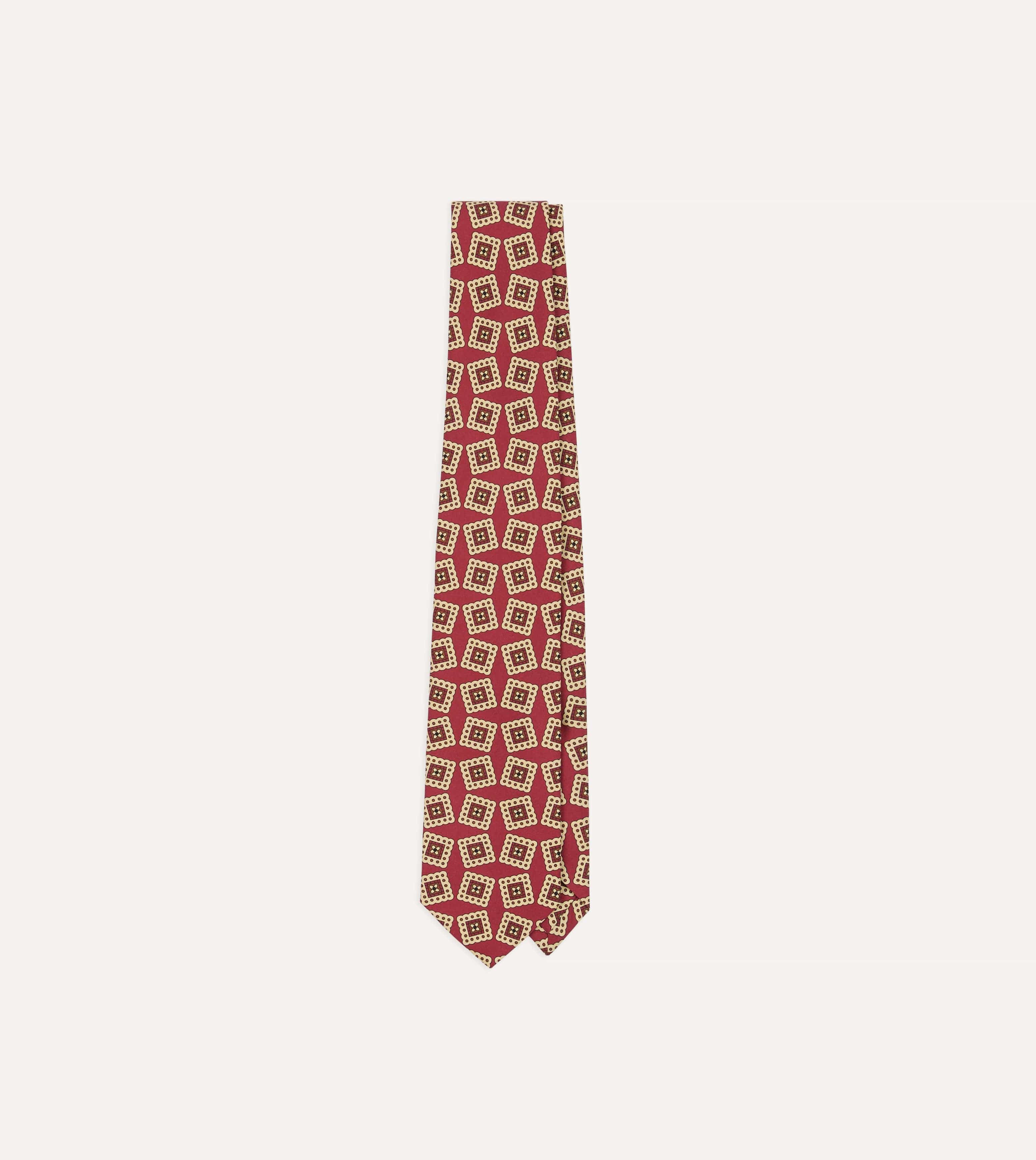 Red Jumbled Medallion Print Silk Self Tipped Tie