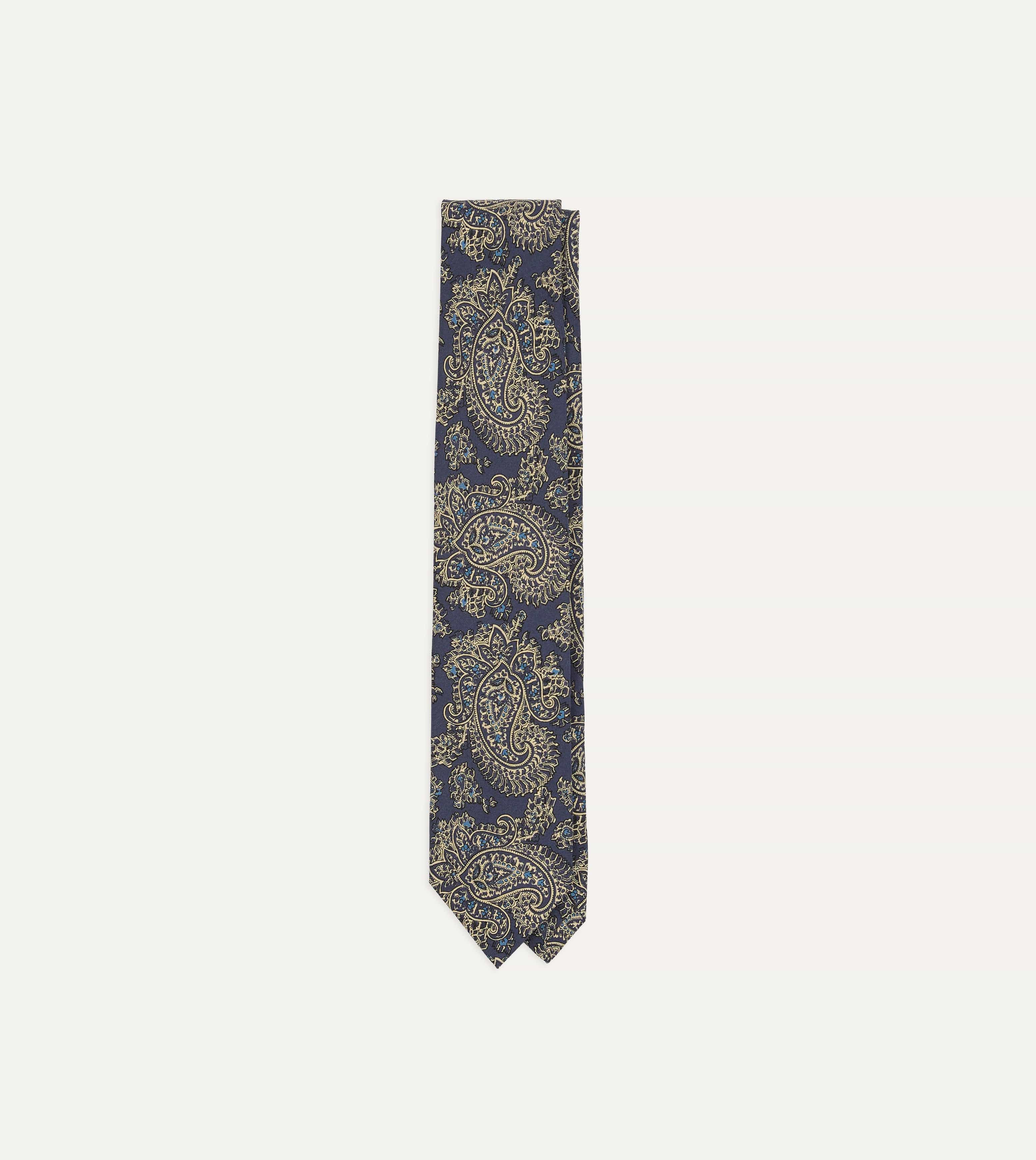 Blue Floral Paisley Print Silk Self Tipped Tie