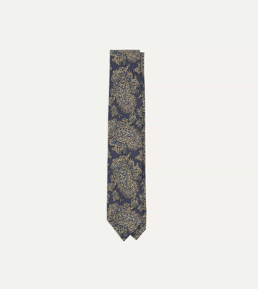 Blue Floral Paisley Print Silk Self Tipped Tie