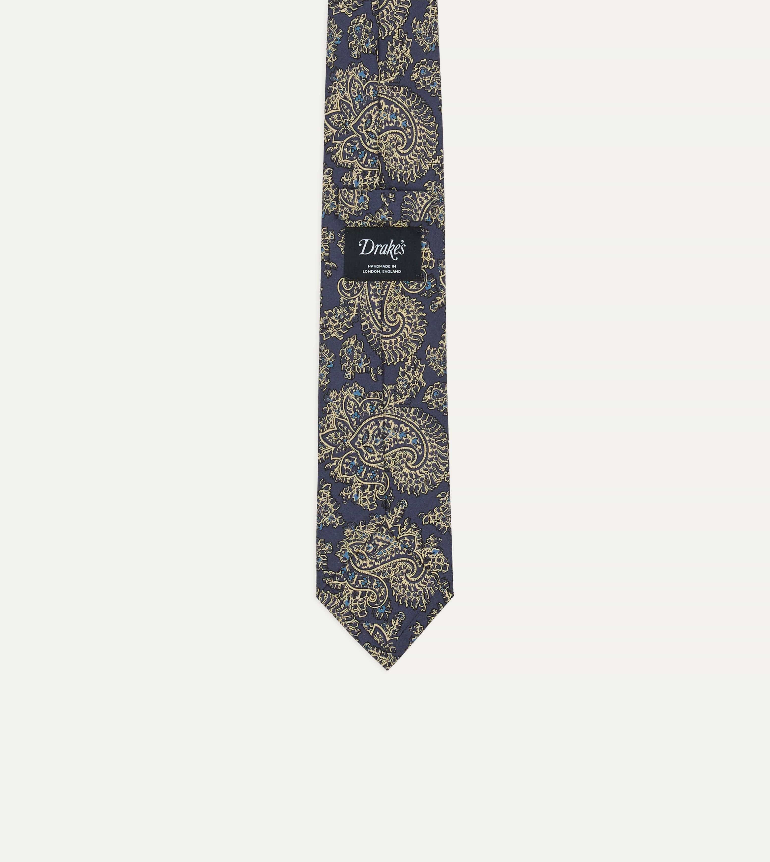 Blue Floral Paisley Print Silk Self Tipped Tie