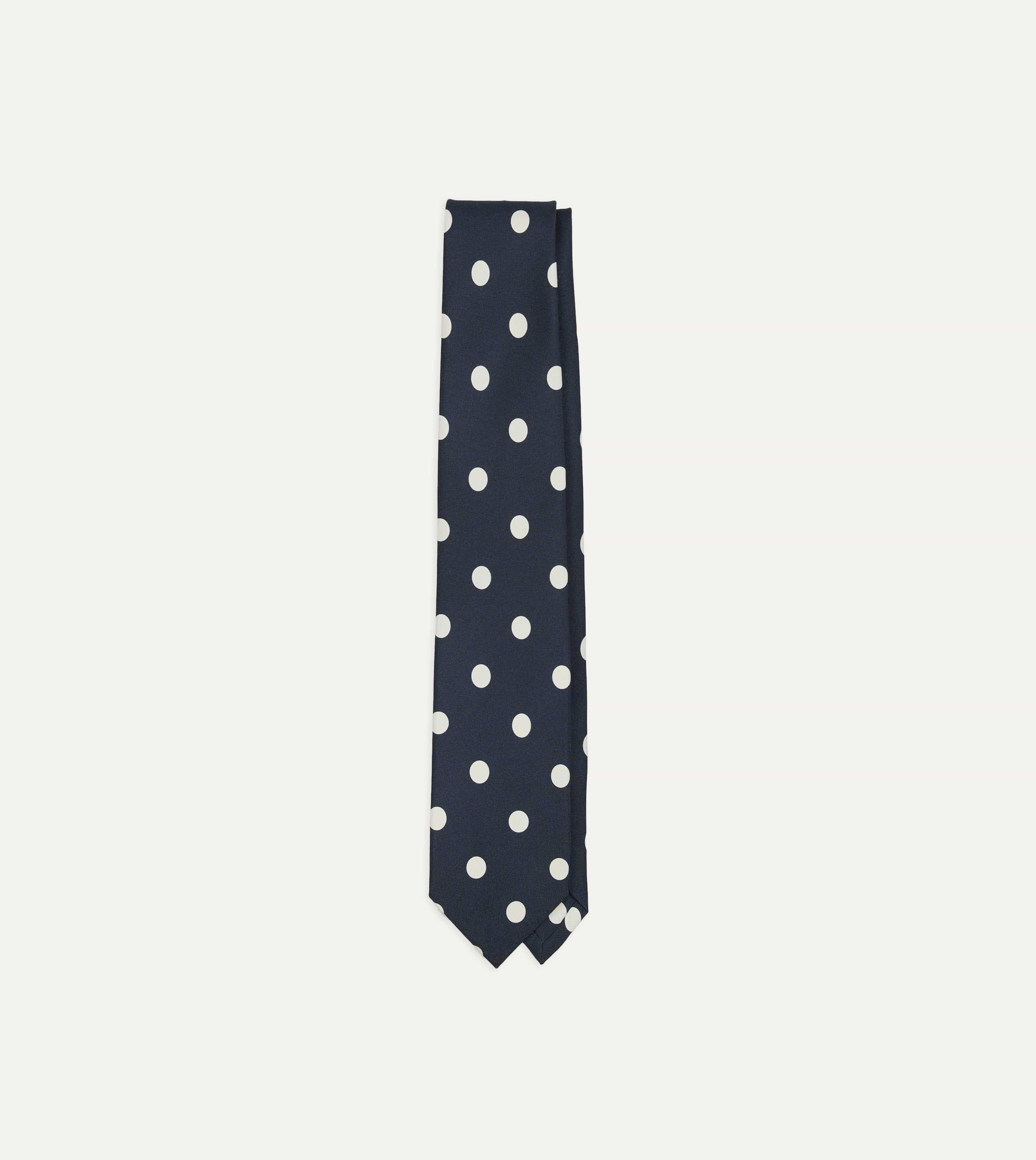 Navy Large Polka Dot Silk Self-Tipped Tie