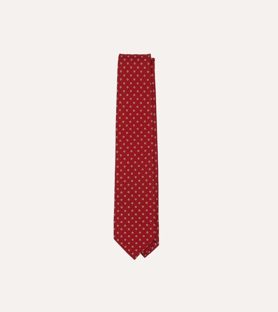 Red Dotted Circle Print Silk Self-Tipped Tie