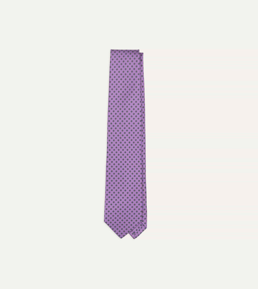 Purple Flowers Print Silk Self Tipped Tie