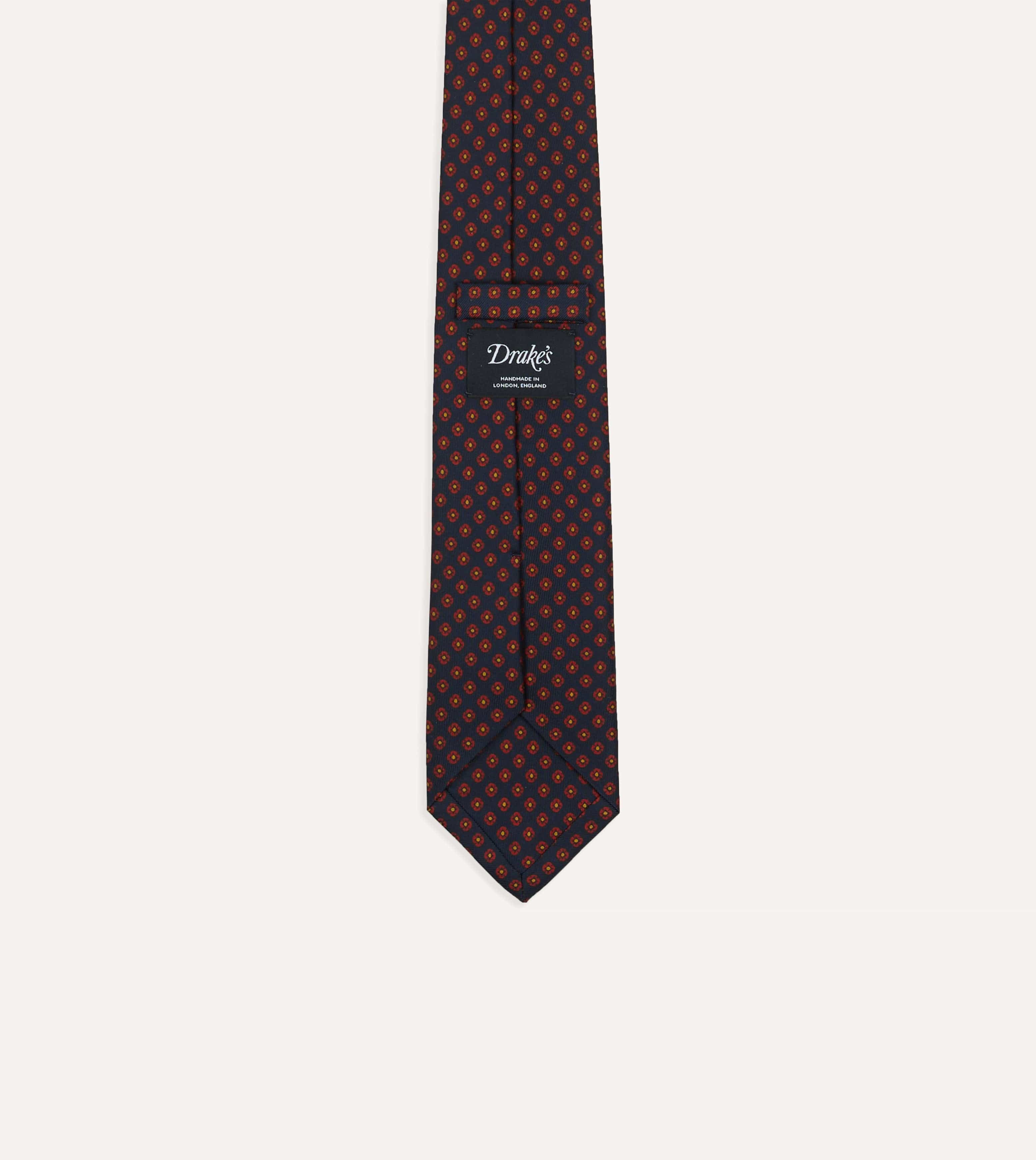 Navy Square Flower Print Silk Self-Tipped Tie