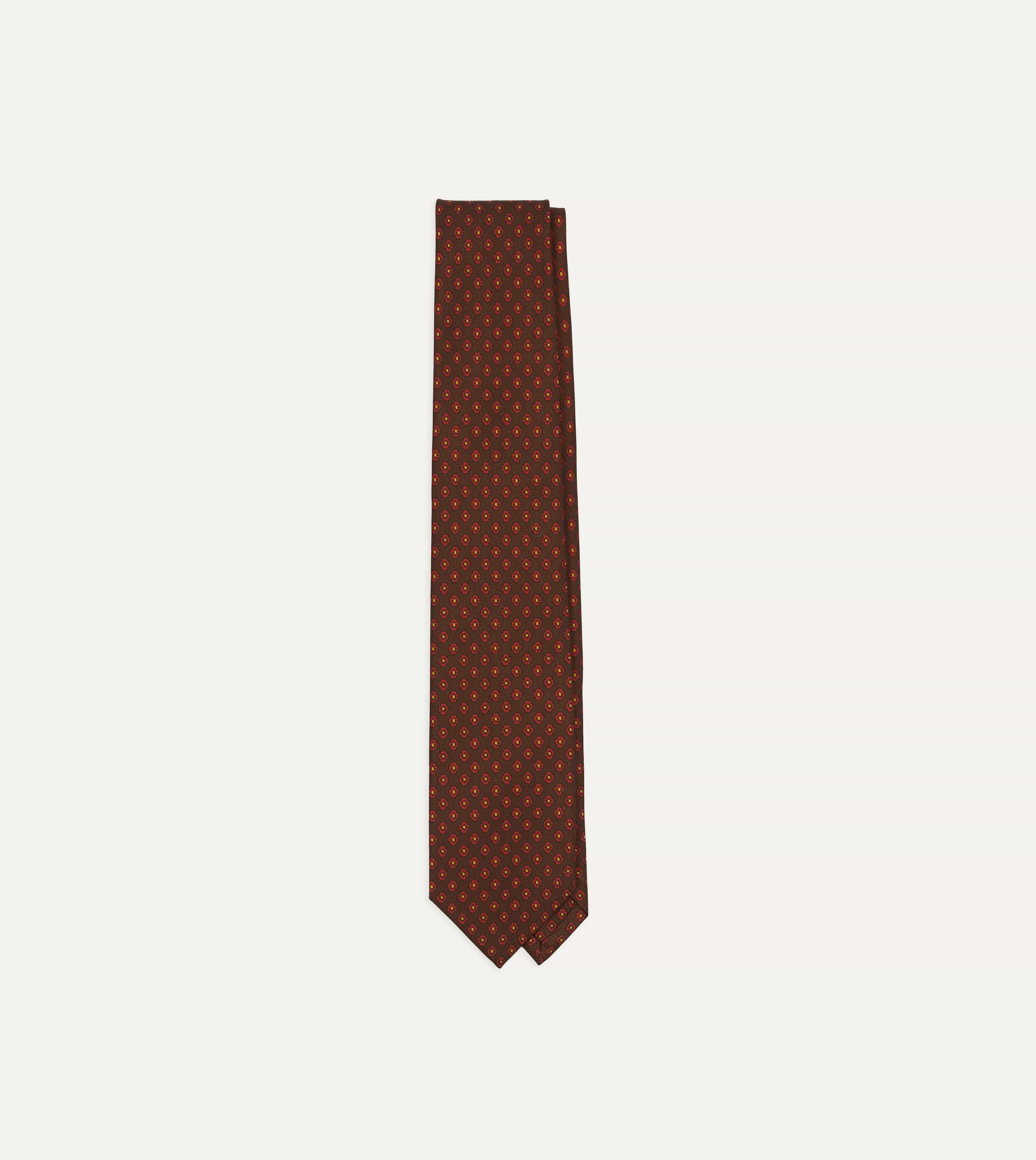 Brown Square Flower Print Silk Self-Tipped Tie