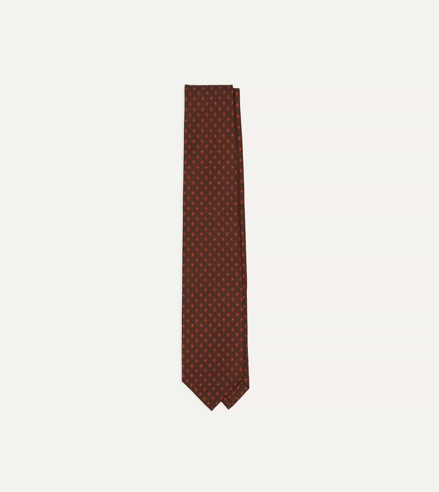 Brown Square Flower Print Silk Self-Tipped Tie