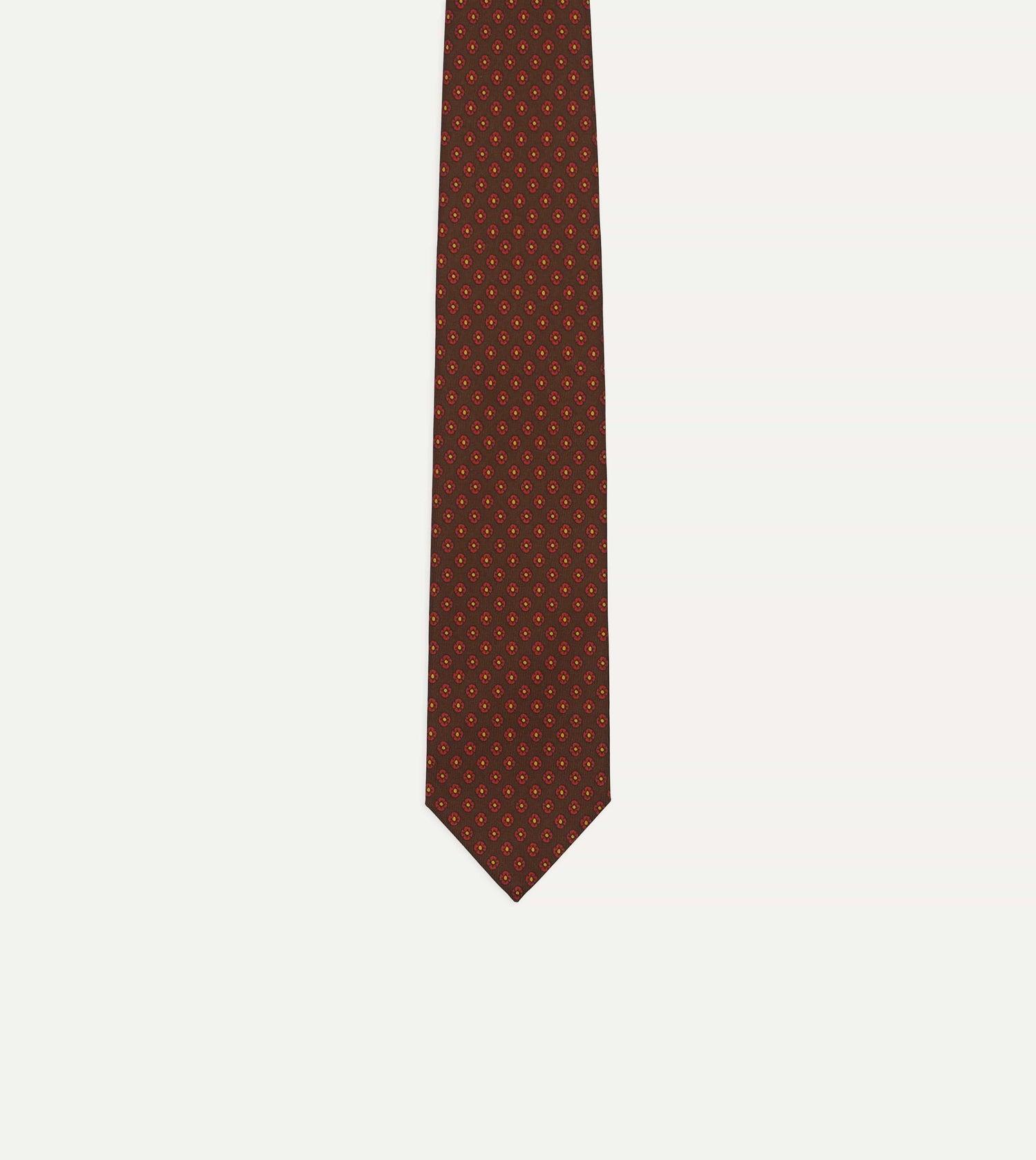 Brown Square Flower Print Silk Self-Tipped Tie