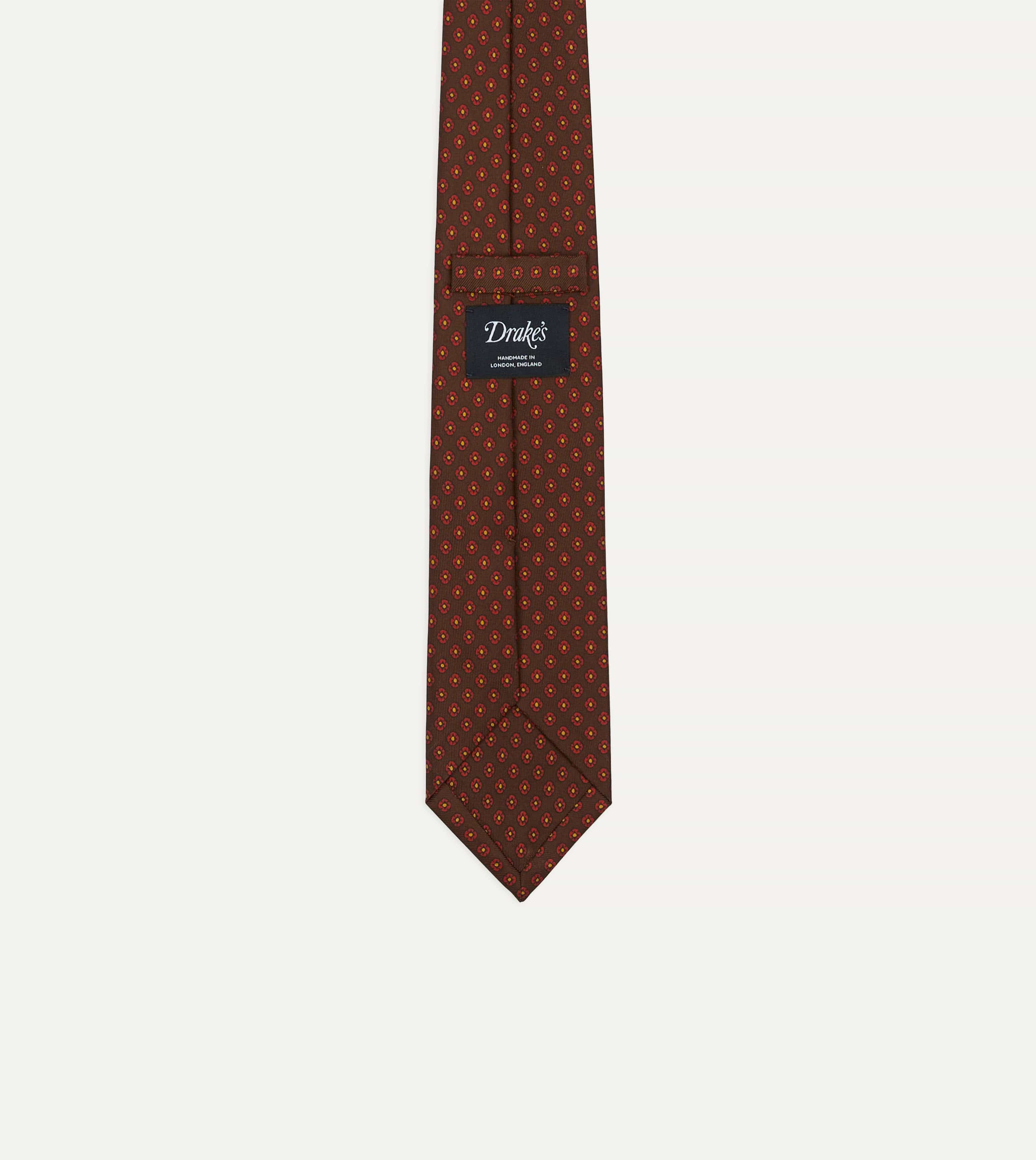 Brown Square Flower Print Silk Self-Tipped Tie