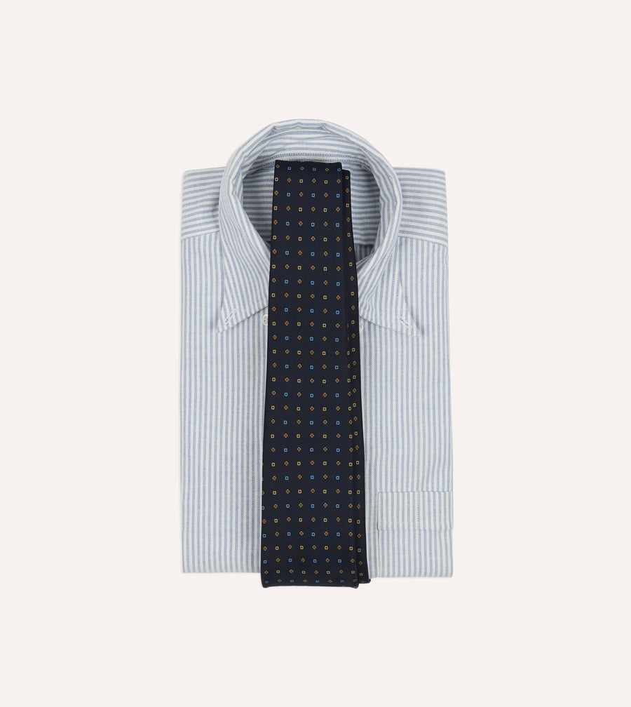 Navy Geometric Flower Print Silk Self-Tipped Tie