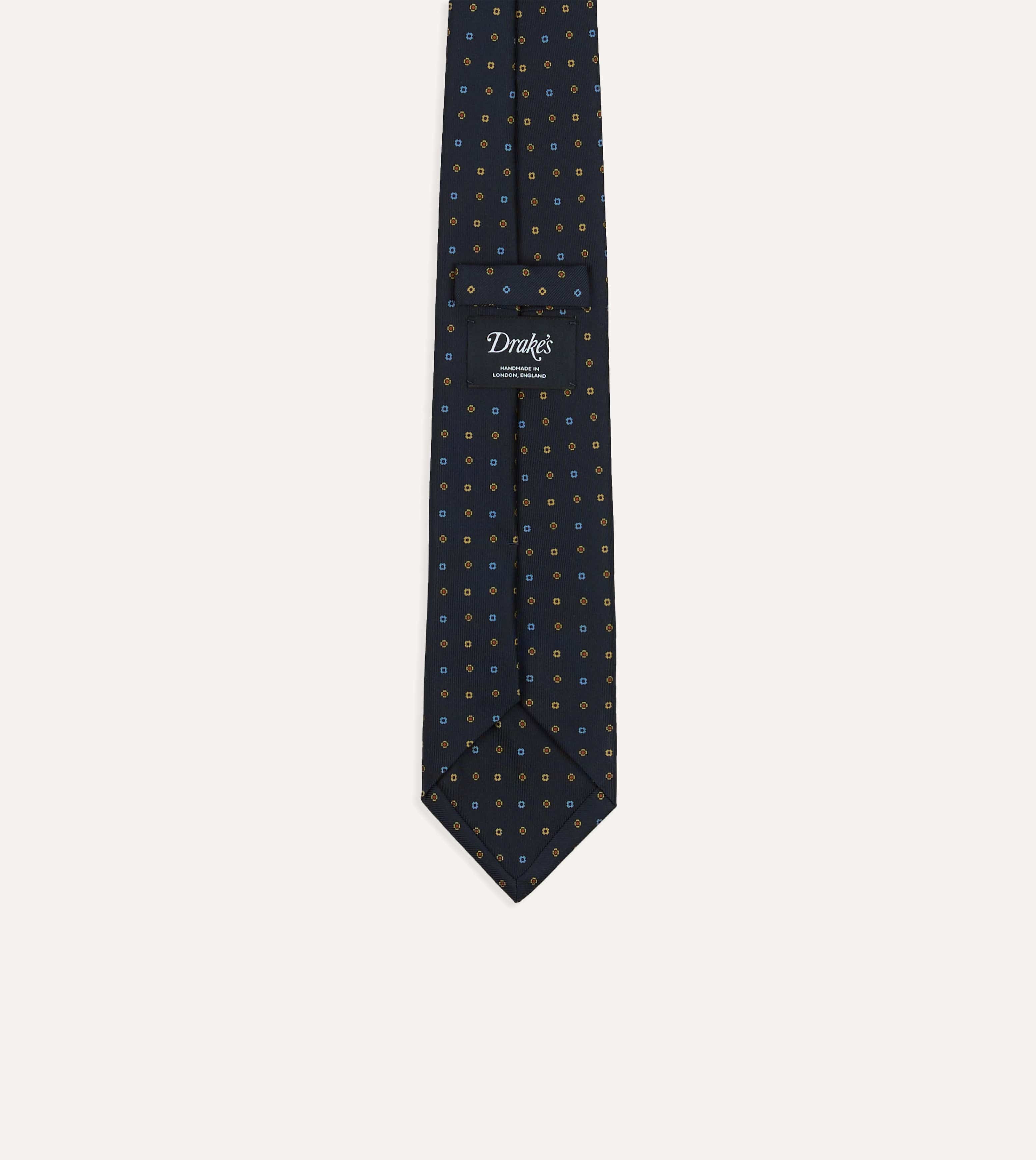 Navy Geometric Flower Print Silk Self-Tipped Tie