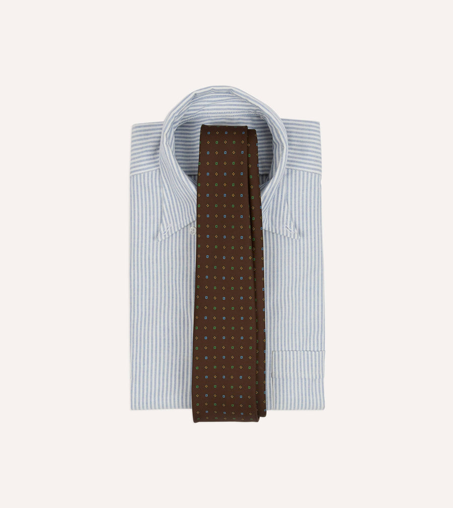Brown Geometric Flower Print Silk Self-Tipped Tie