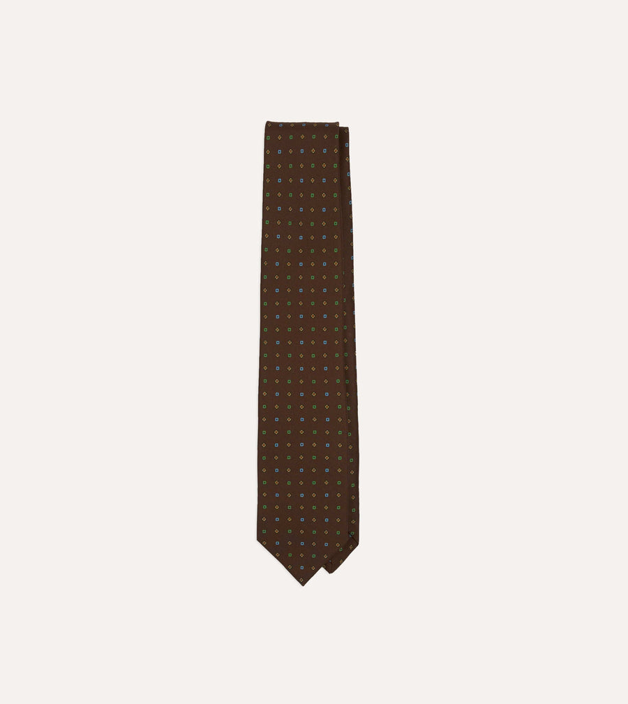 Brown Geometric Flower Print Silk Self-Tipped Tie