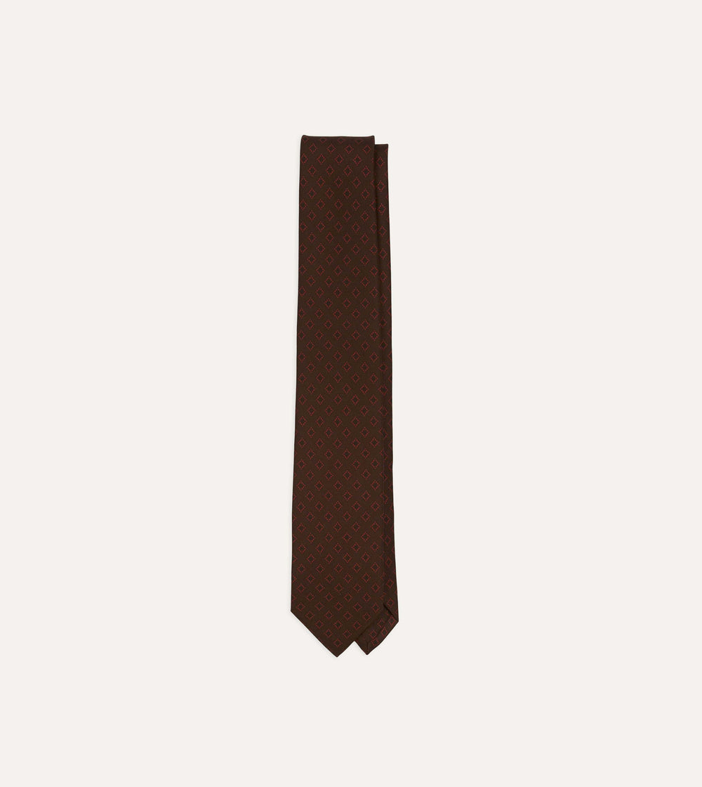 Brown Flower Tile Print Silk Self Tipped Tie
