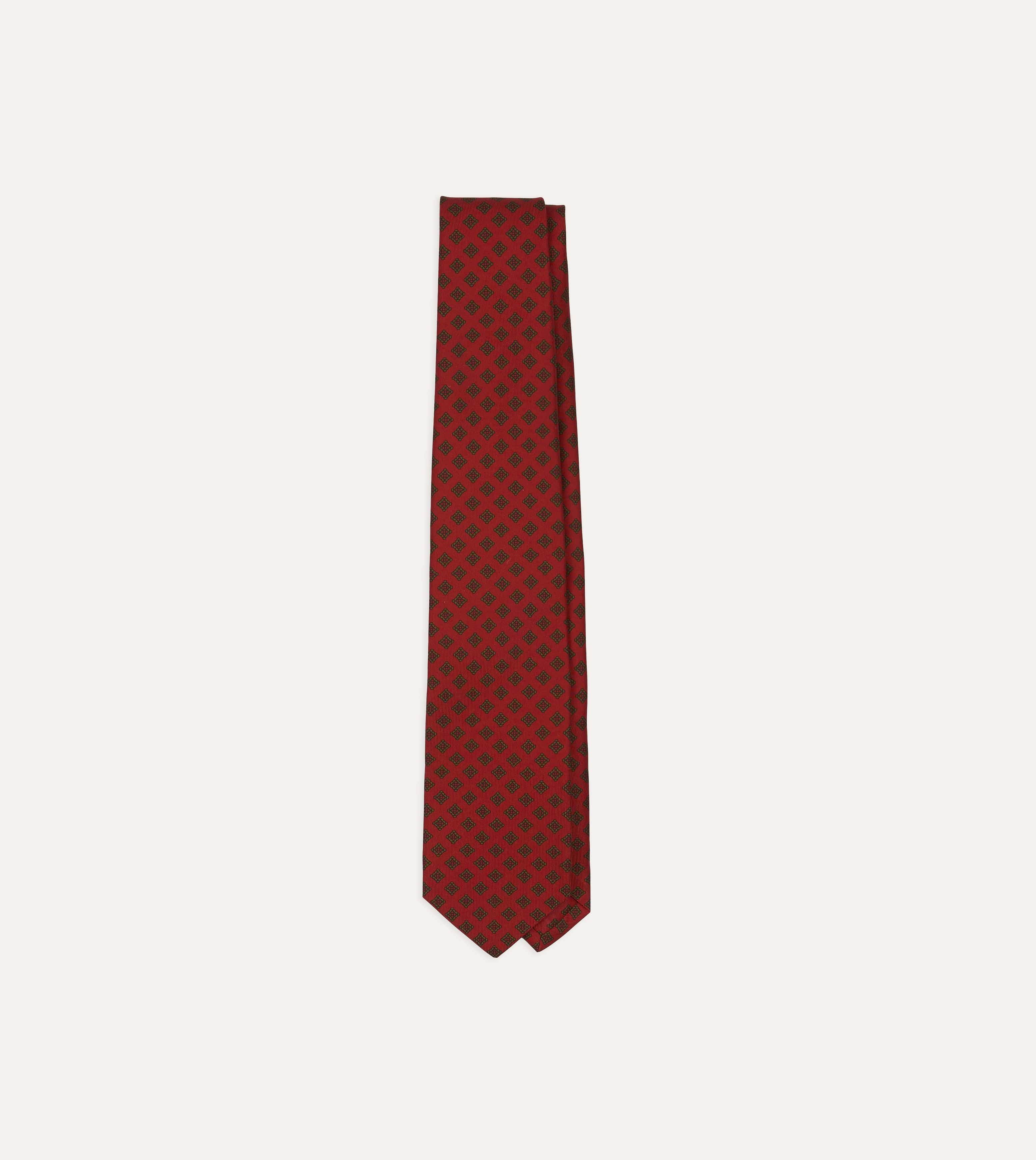 Red Flower Tile Print Silk Self Tipped Tie