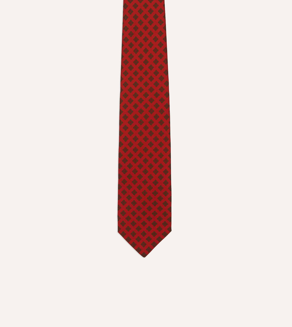Red Flower Tile Print Silk Self Tipped Tie