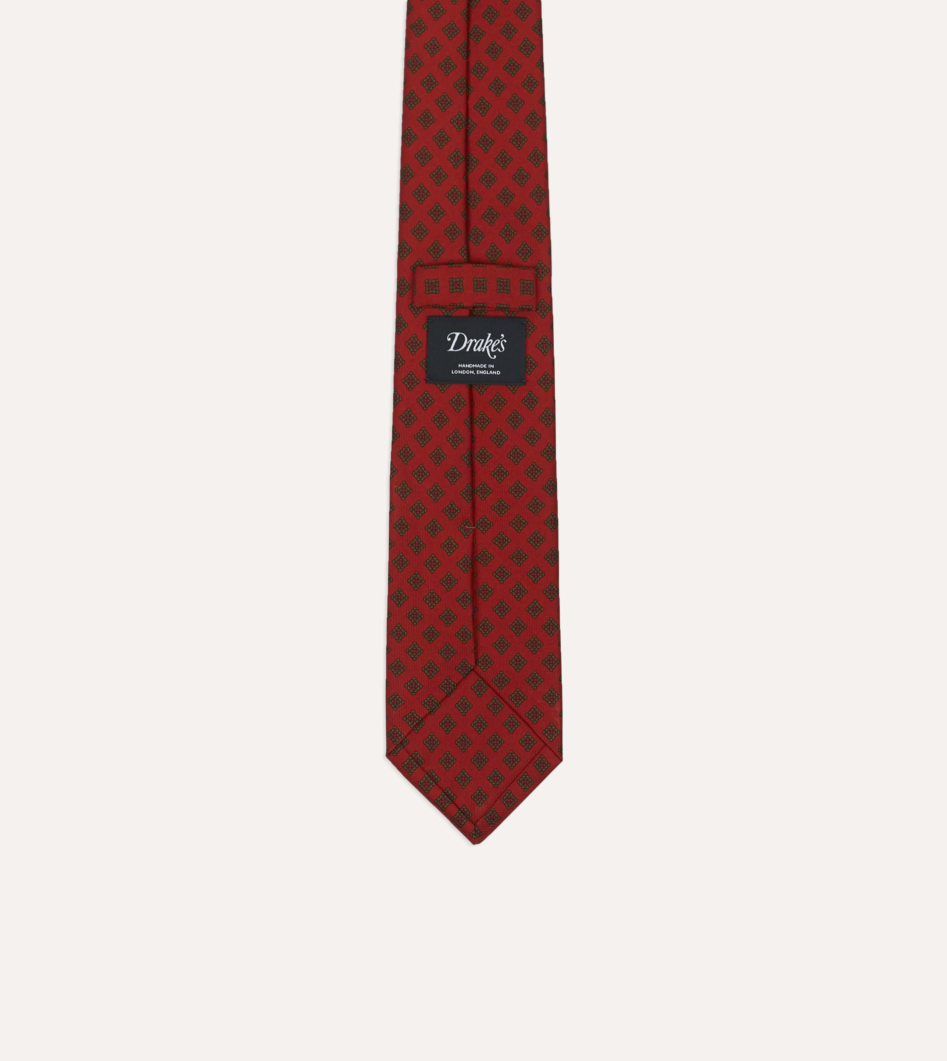 Red Flower Tile Print Silk Self Tipped Tie
