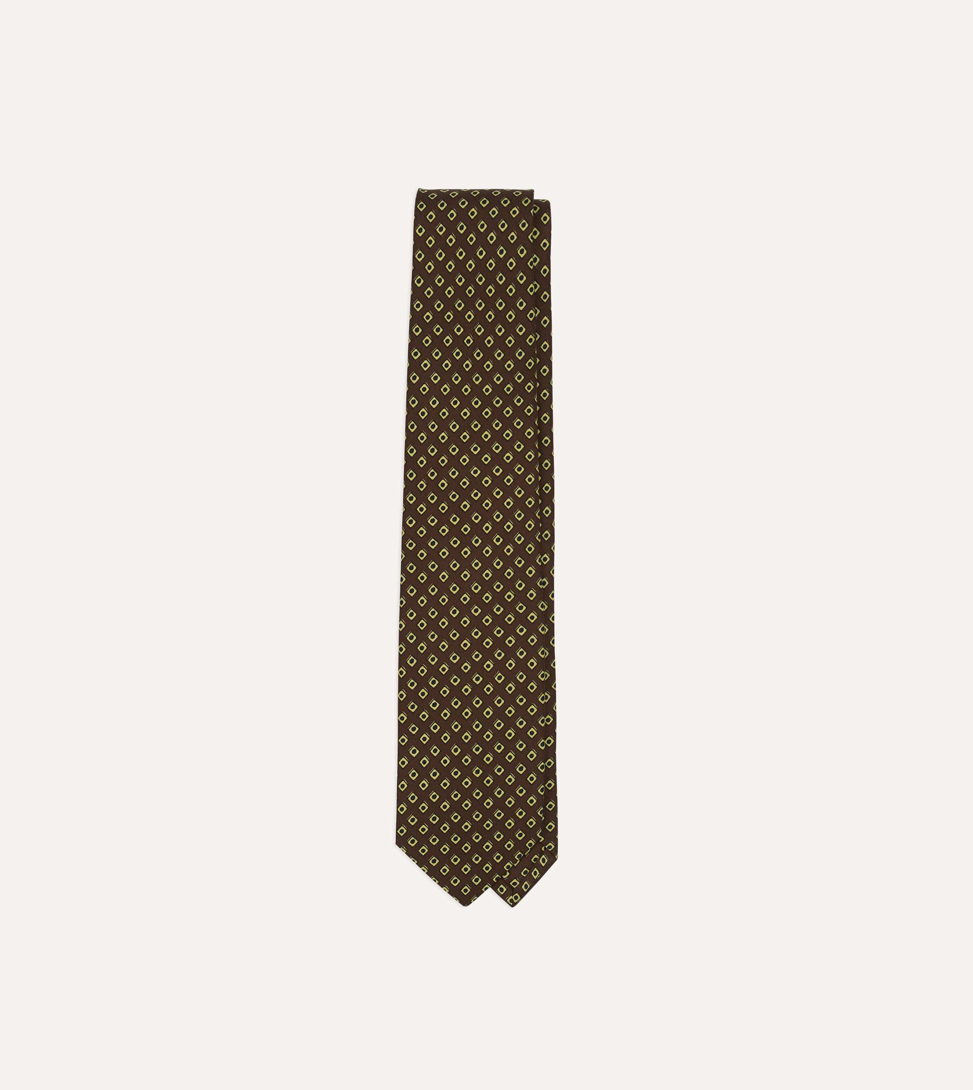 Brown Dotted Square Print Silk Self-Tipped Tie