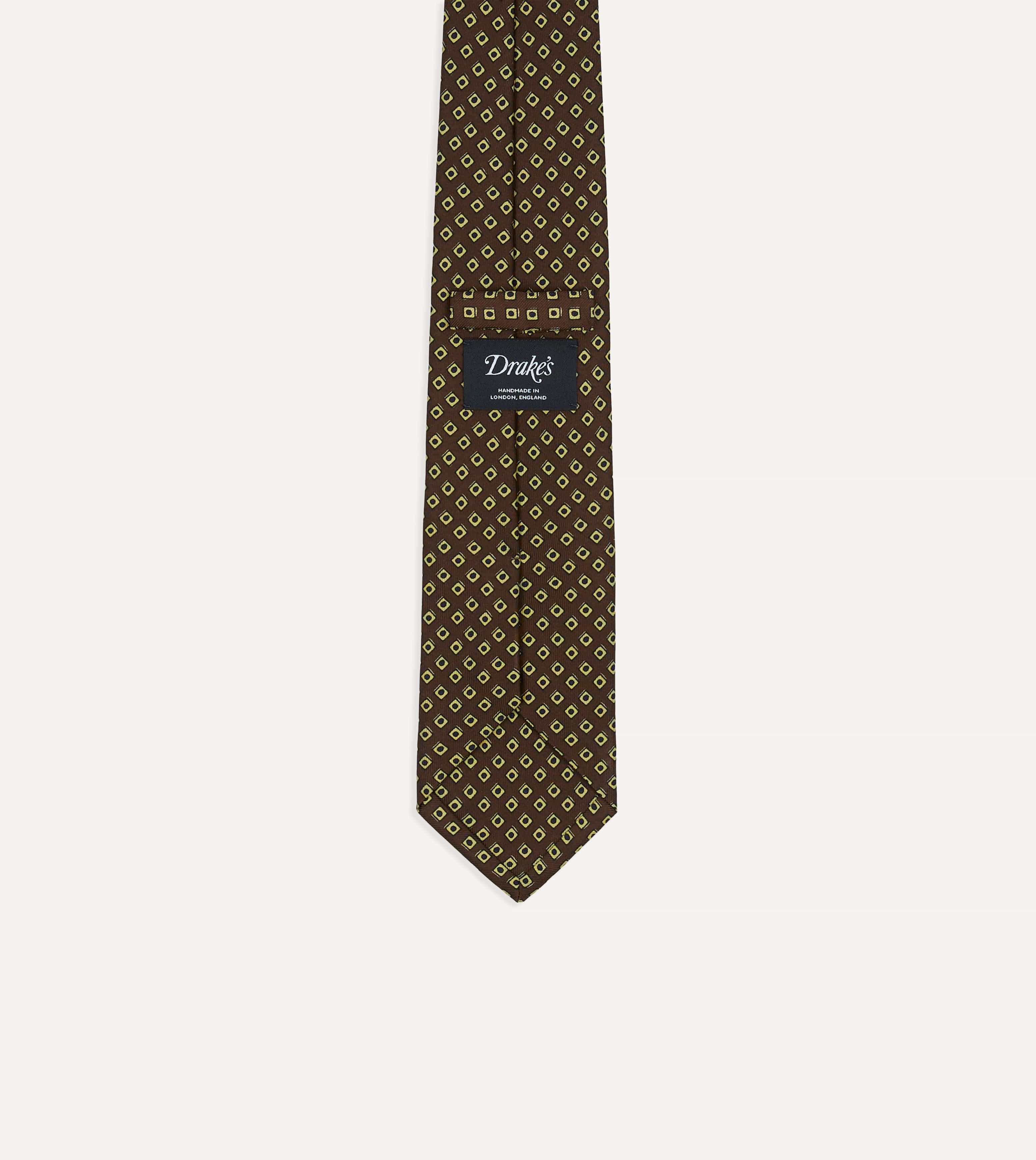 Brown Dotted Square Print Silk Self-Tipped Tie
