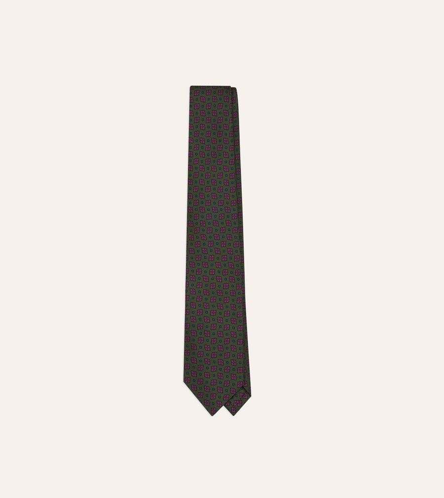 Green Mini Diamonds Dot Print Silk Self-Tipped Tie