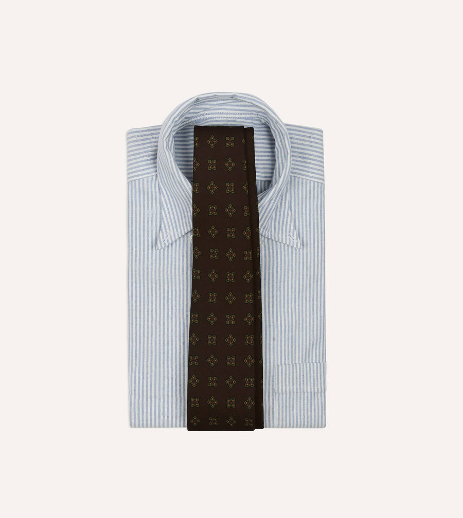 Brown Geometric Flowers Tile Print Silk Self-Tipped Tie