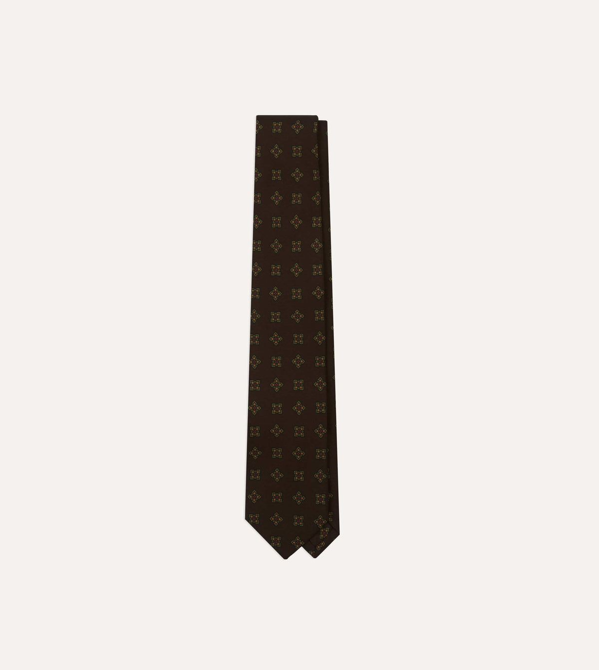 Brown Geometric Flowers Tile Print Silk Self-Tipped Tie