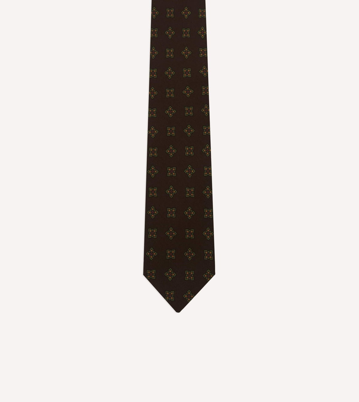 Brown Geometric Flowers Tile Print Silk Self-Tipped Tie