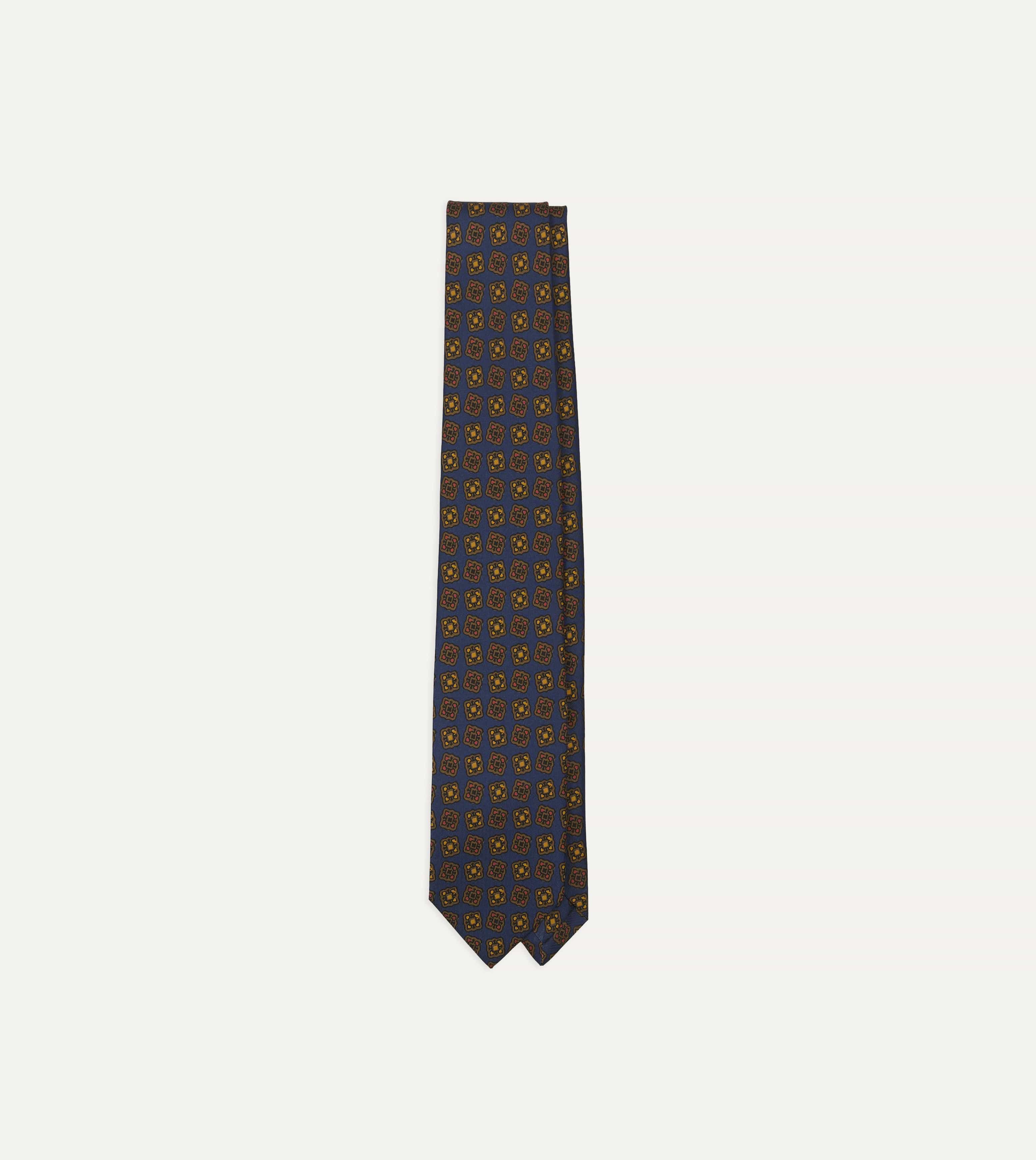 Navy Geometric Flowers Tile Print Silk Self-Tipped Tie