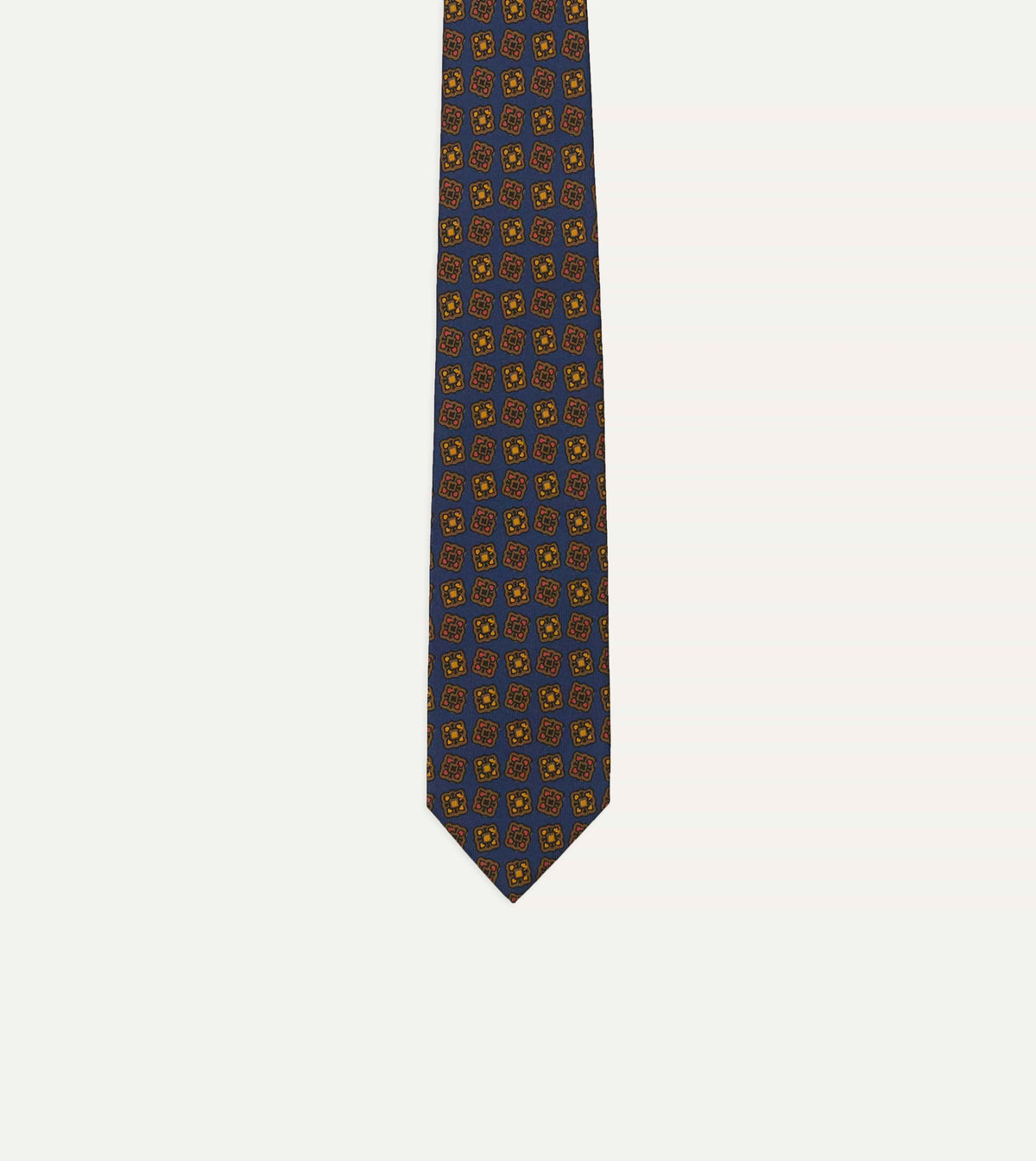 Navy Geometric Flowers Tile Print Silk Self-Tipped Tie