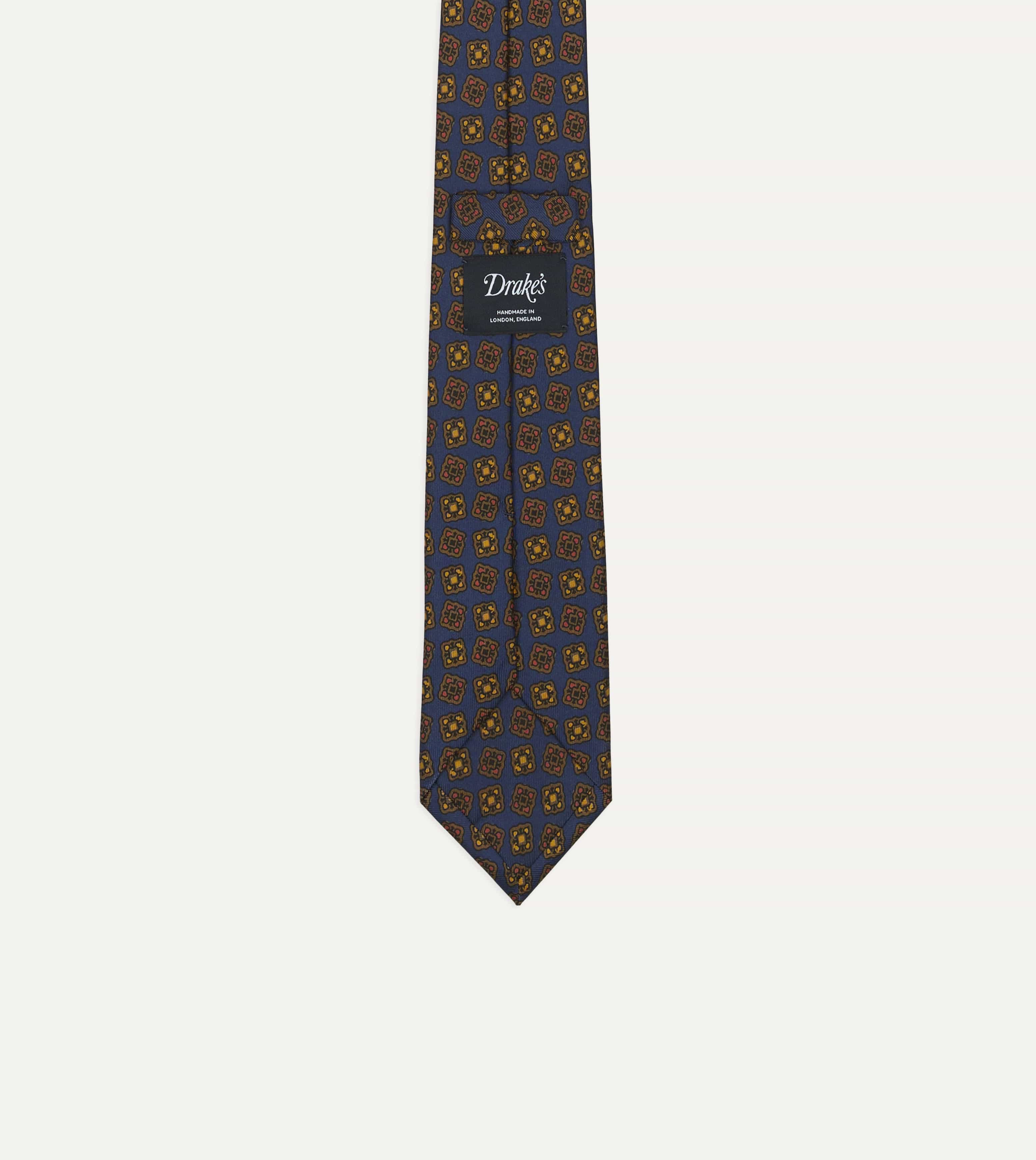 Navy Geometric Flowers Tile Print Silk Self-Tipped Tie