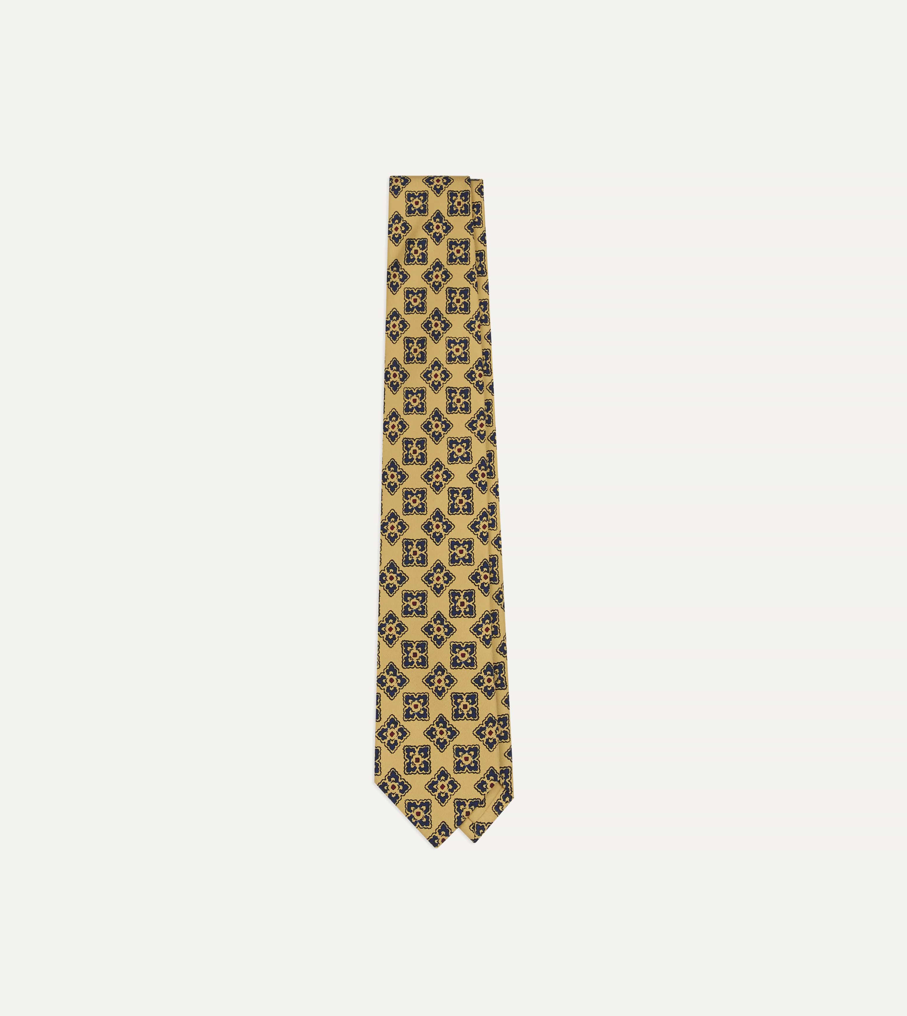 Yellow and Navy Large Flowers Tile Print Silk Self-Tipped Tie
