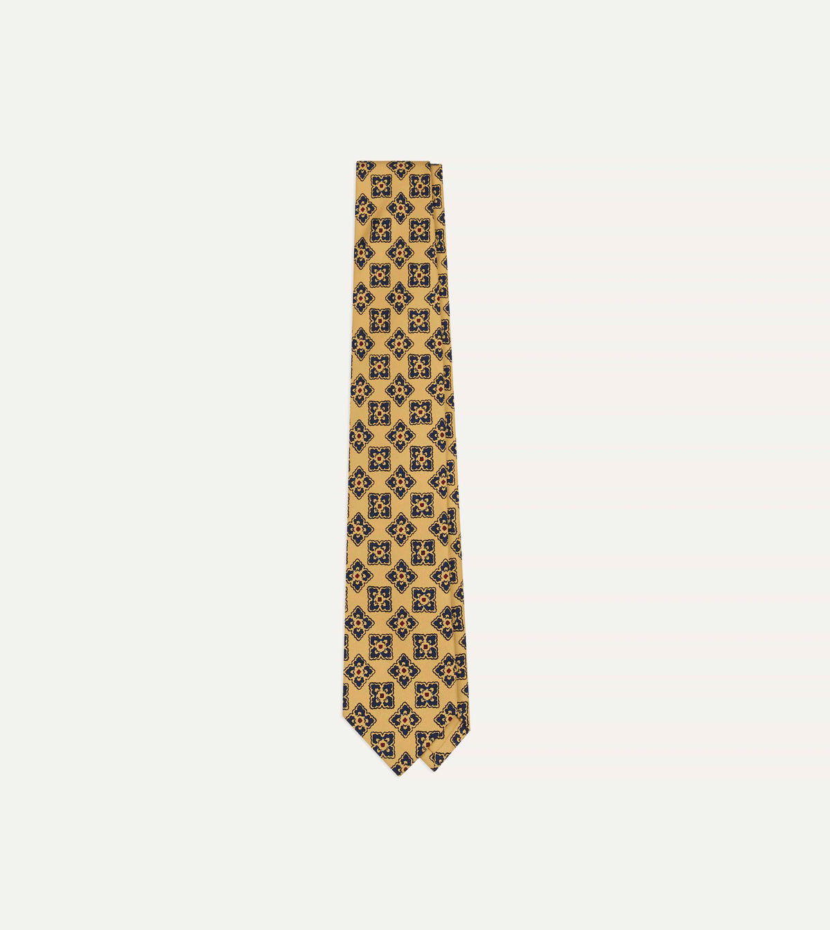 Yellow and Navy Large Flowers Tile Print Silk Self-Tipped Tie