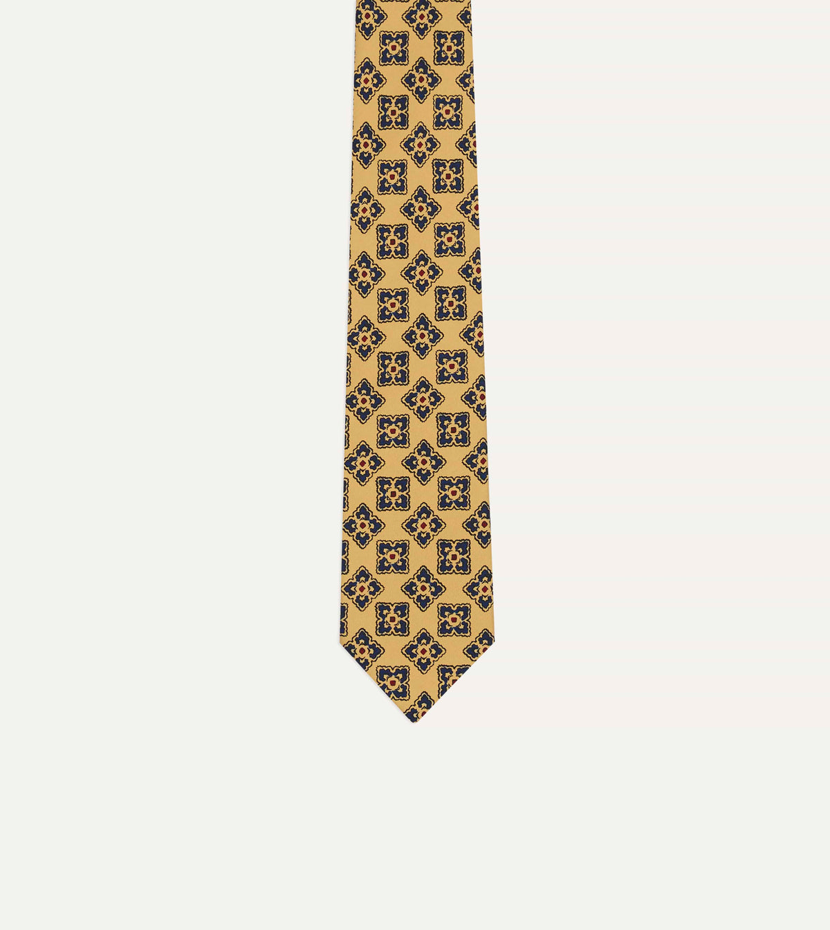 Yellow and Navy Large Flowers Tile Print Silk Self-Tipped Tie
